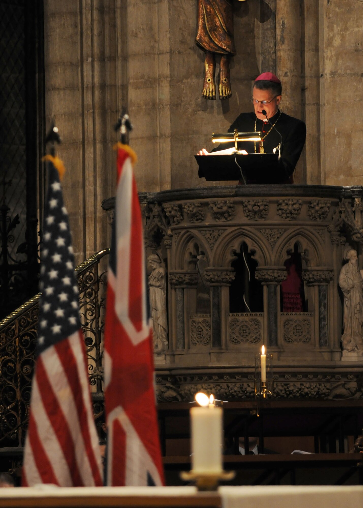 ELY, England – Archbishop Timothy Broglio, Archdiocese for the Military Services and guest speaker, addresses attendees at the 26th annual Thanksgiving service Nov. 21, 2012, at Ely Cathedral. This service of thanks is conducted every year for American Service members, their families and other employees of RAF Mildenhall and RAF Lakenheath. (U.S. Air Force photo by Staff Sgt. Tabitha M. Lee/Released)