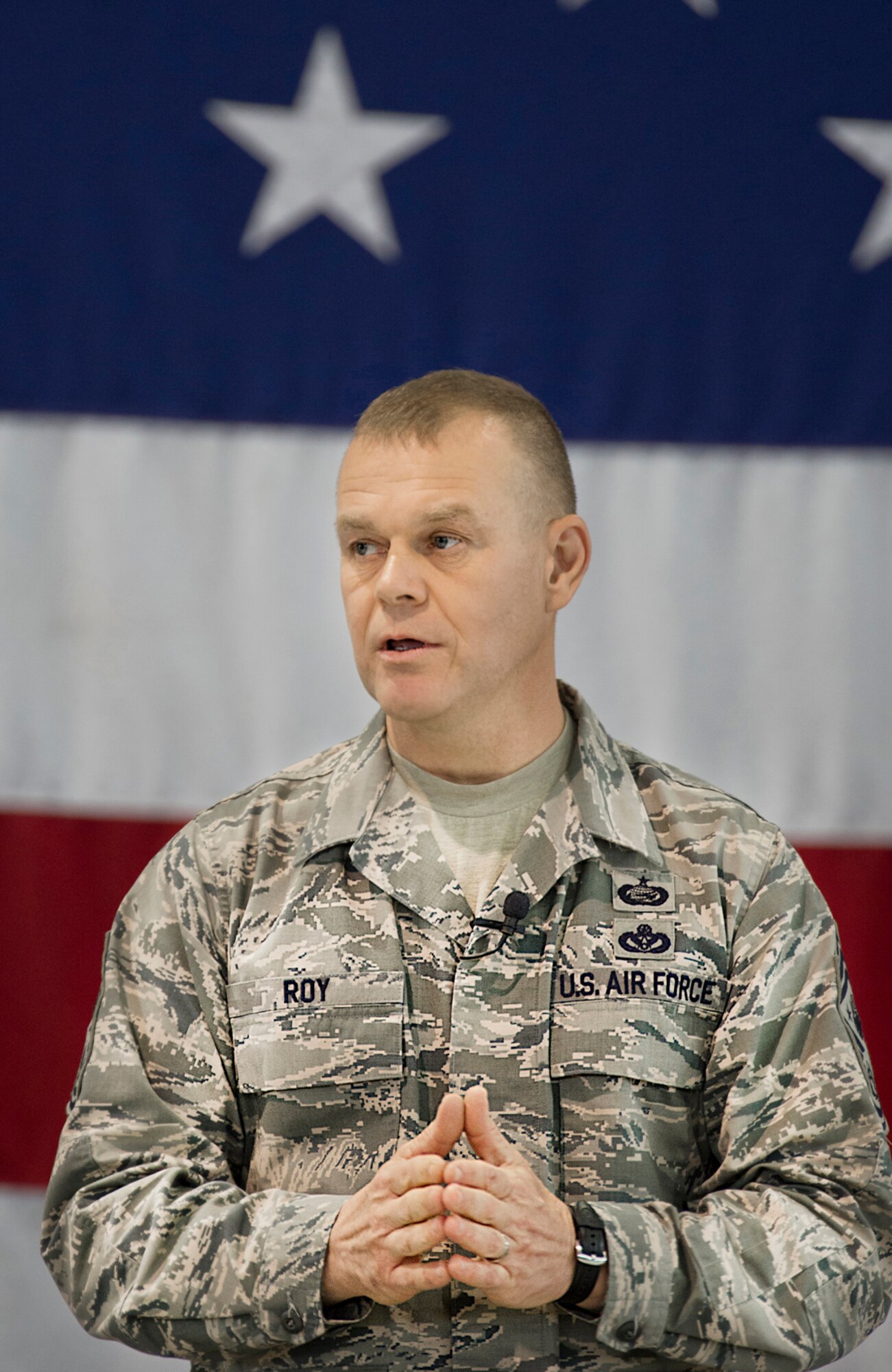 MINOT AIR FORCE BASE, N.D. -- Chief Master Sergeant of the Air Force James Roy talks with Airmen from Minot AFB during an Airman’s Call held in Dock 1 here, Nov. 21. (U.S. Air Force photo/Tech. Sgt. Aaron Allmon)