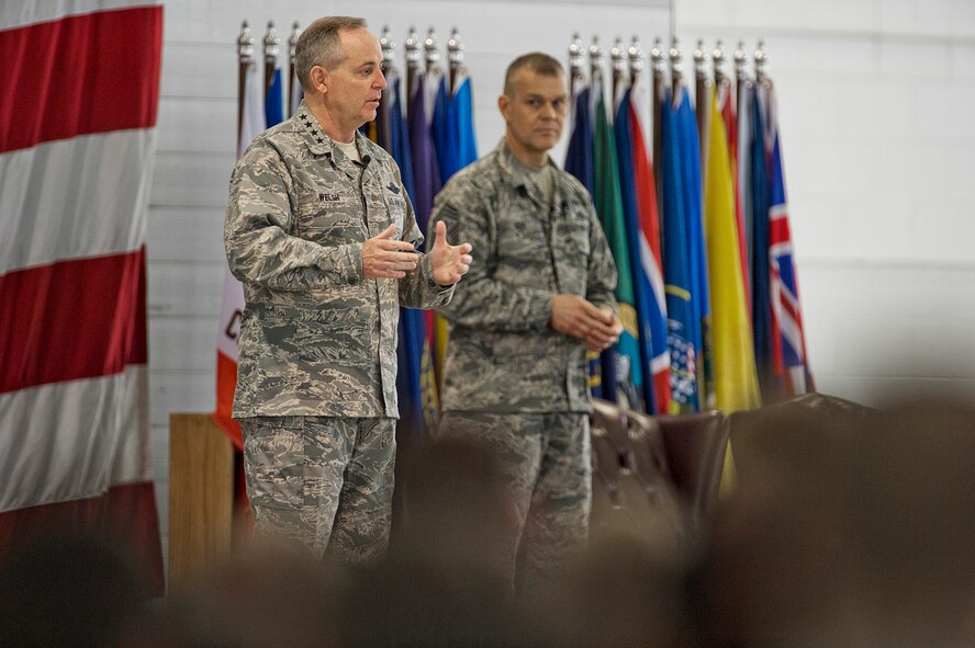 MINOT AIR FORCE BASE, N.D. -- Air Force Chief of Staff Gen. Mark A. Welsh III and Chief Master Sergeant of the Air Force James Roy talk with Airmen from Minot AFB during an Airman’s Call held in Dock 1 here, Nov. 21. The Airman’s Call was part of Welsh's first visit to Minot since becoming the chief of staff. (U.S. Air Force photo/Tech. Sgt. Aaron Allmon)
