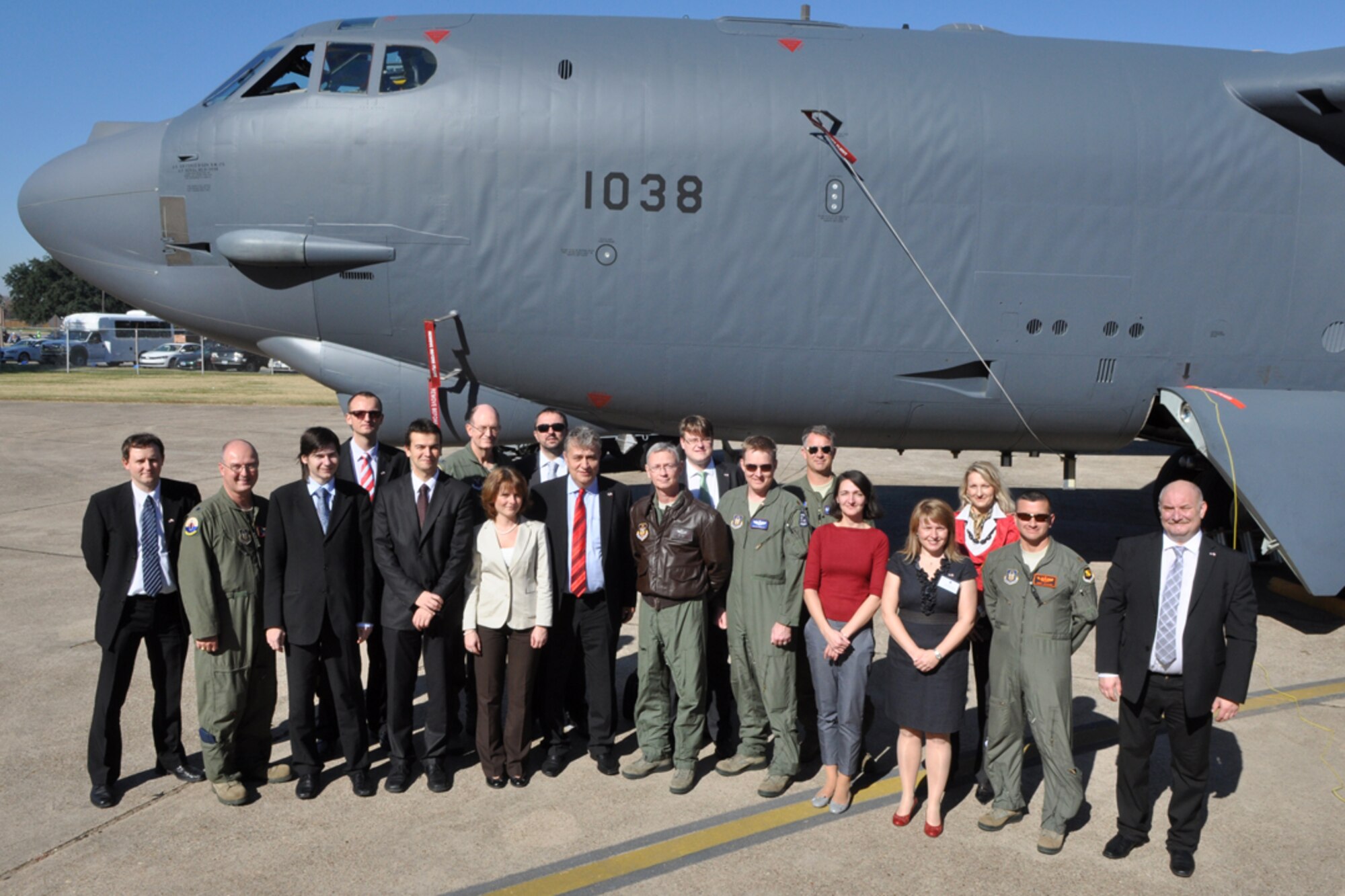 A group of civic leaders from Ostrava, Czech Republic, and a few 307th Bomb Wing Airmen pose for a photo in front of a B-52 Stratofortress at Barksdale Air Force Base, La., Nov. 21, 2012. The civic leaders were in Shreveport, La., discussing a Sister Cities Agreement with Shreveport civic leaders and wanted to visit the base. (U.S. Air Force photo by Master Sgt. Jeff Walston)   