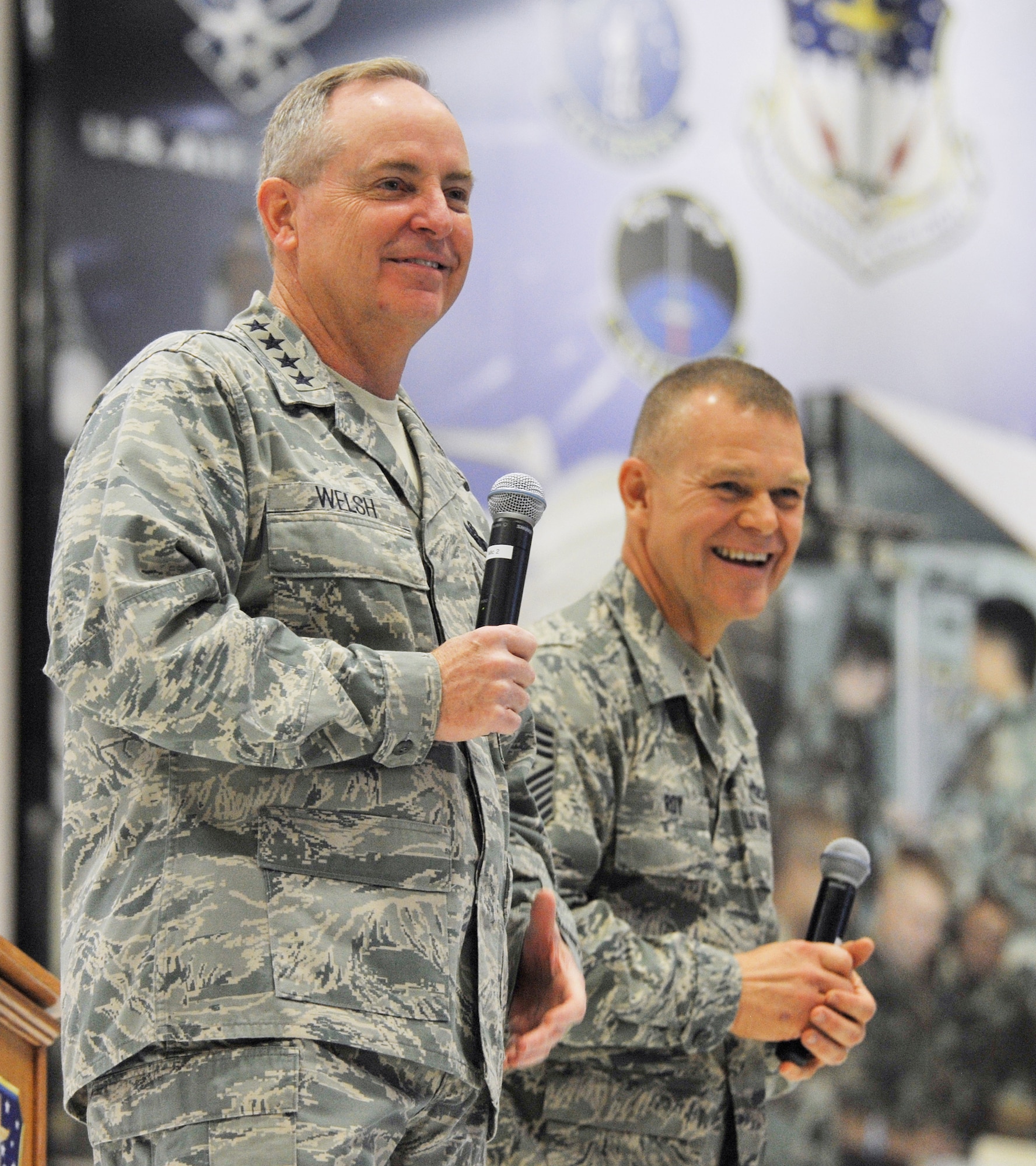 Air Force Chief of Staff Gen. Mark A. Welsh III and Chief Master Sergeant of the Air Force James Roy talk to personnel assigned to Malmstrom Air Force Base, Mont., during an Airman’s Call Nov. 20, held at the base’s 3-Bay hangar. This was second stop for Welsh and Roy during their tour of the nation’s intercontinental ballistic missile force and Welsh’s first visit to Malmstrom as the chief of staff. (U.S. Air Force photo/John Turner)