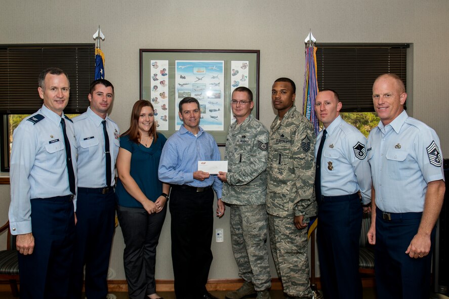 Tim Keller, Johnson Distributing Company consumer awareness and education coordinator, presents a check to U.S. Air Force Tech. Sgt. Justin Ashworth, Sober Ride president, and other key members of the Sober Ride program Nov. 19, 2012, at Moody Air Force Base, Ga. Sober Ride is designed to prevent drunk driving and serve as back-up when traditional designated driver options are not available. The donation will help fund future Sober Ride events. (U.S. Air Force photo by Staff Sgt. Jamal D. Sutter/Released)
