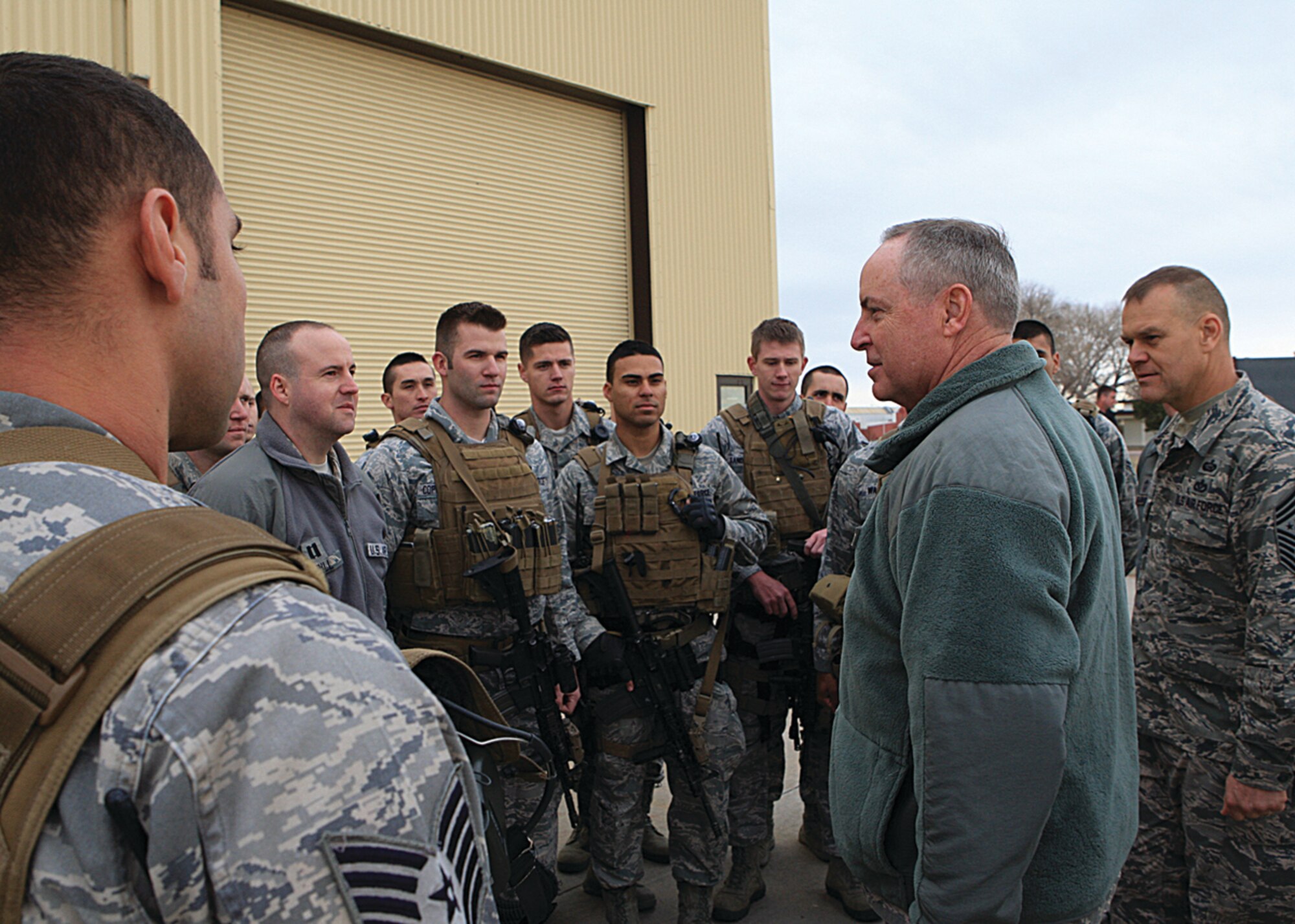 Air Force Chief of Staff Gen. Mark A. Welsh III and Chief Master Sgt. of the Air Force James Roy meet with Airmen of the 90th Security Forces Group Tactical Response Force, Nov. 19, at F. E. Warren Air Force Base, Wyo. This is Welsh’s first tour of the nation’s intercontinental ballistic missile force and his first visit to Warren as the chief of staff. (U.S. Air Force photo by Matt Bilden)