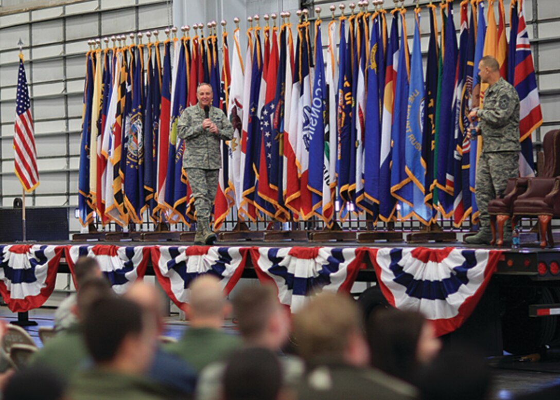 Air Force Chief of Staff Gen. Mark A. Welsh III speaks to the Mighty Ninety during an Airman’s Call held in the Peacekeeper High-bay Nov. 19, at F. E. Warren Air Force Base, Wyo. as Chief Master Sgt. of the Air Force James Roy listens on. This visit to Warren marks Welsh's first tour of the nation’s intercontinental ballistic missile force as the chief of staff. (U.S. Air Force photo by Matt Bilden)