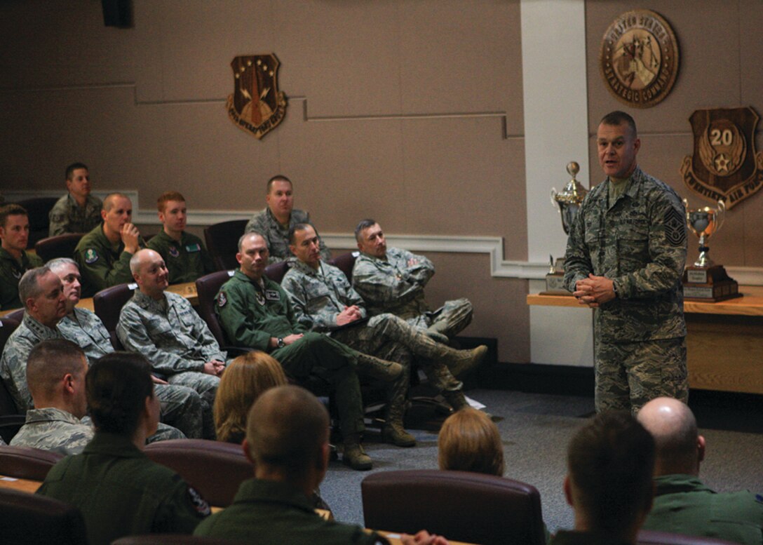 Chief Master Sgt. of the Air Force James Roy speaks to Warren Airmen during a pre-departure briefing Nov. 19, at F. E. Warren Air Force Base, Wyo. Roy is accompanying Air Force Chief of Staff Gen. Mark A. Welsh III during Welsh's first tour of the nation’s intercontinental ballistic missile force as the chief of staff. (U.S. Air Force photo by Matt Bilden)