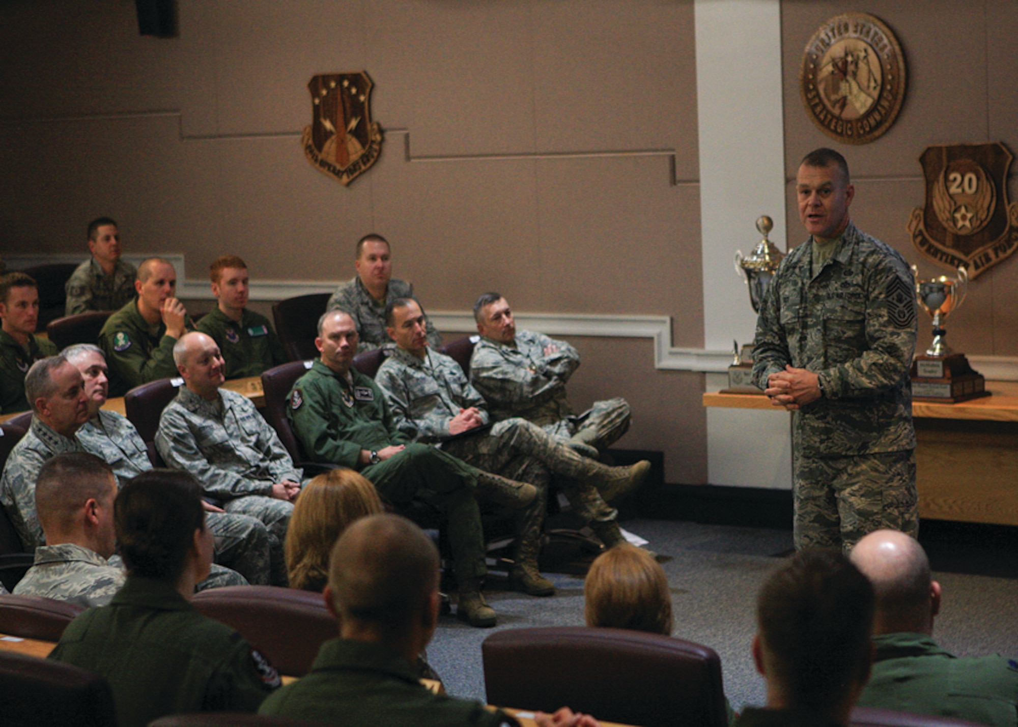 Chief Master Sgt. of the Air Force James Roy speaks to Warren Airmen during a pre-departure briefing Nov. 19, at F. E. Warren Air Force Base, Wyo. Roy is accompanying Air Force Chief of Staff Gen. Mark A. Welsh III during Welsh's first tour of the nation’s intercontinental ballistic missile force as the chief of staff. (U.S. Air Force photo by Matt Bilden)