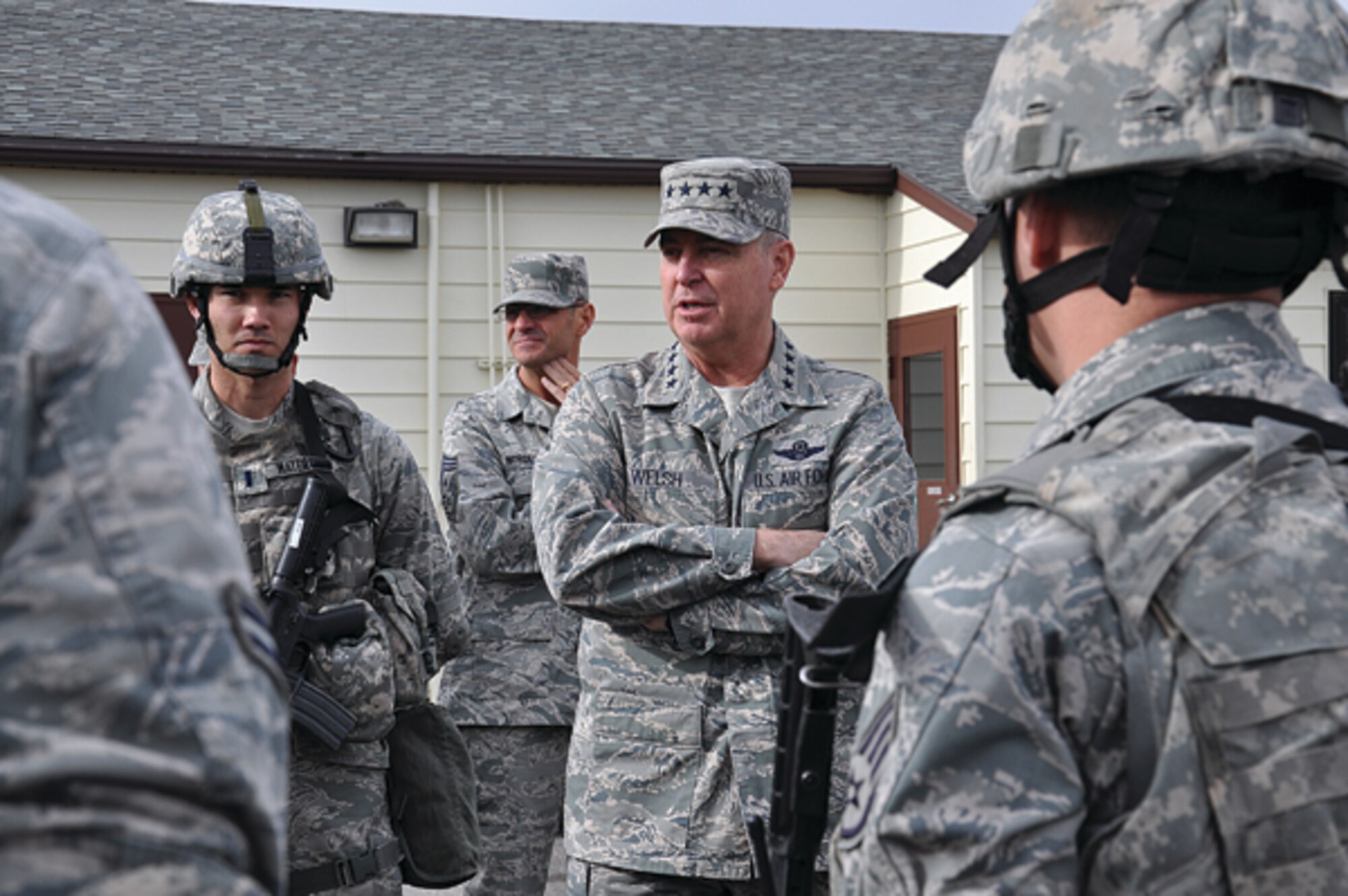 Air Force Chief of Staff Gen. Mark A. Welsh III talks with 1st Lt. Samuel Waterman, 90th Missile Security Forces Squadron and other Airmen representing the different functions of the 90th Security Forces Group Nov. 19 at Missile Alert Facility Echo-01. This is Welsh’s first tour of the nation’s intercontinental ballistic missile force and his first visit to Warren as the chief of staff. (U.S. Air Force photo by 2nd Lt. Christen Downing) 