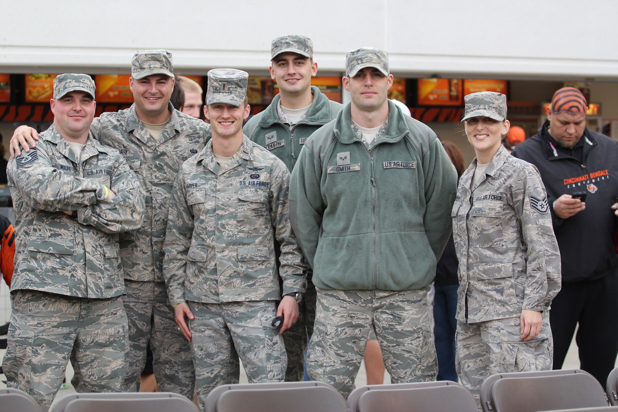 Members of the 178th FighterWing attend a Cincinnati Bengals football game Nov. 11 as part of a Veteran's Day Celebratoin. Courtesy photo by Staff Sgt. Elisabeth Gelhar, cleared for public release by Senior Master Sgt. Joseph Stahl