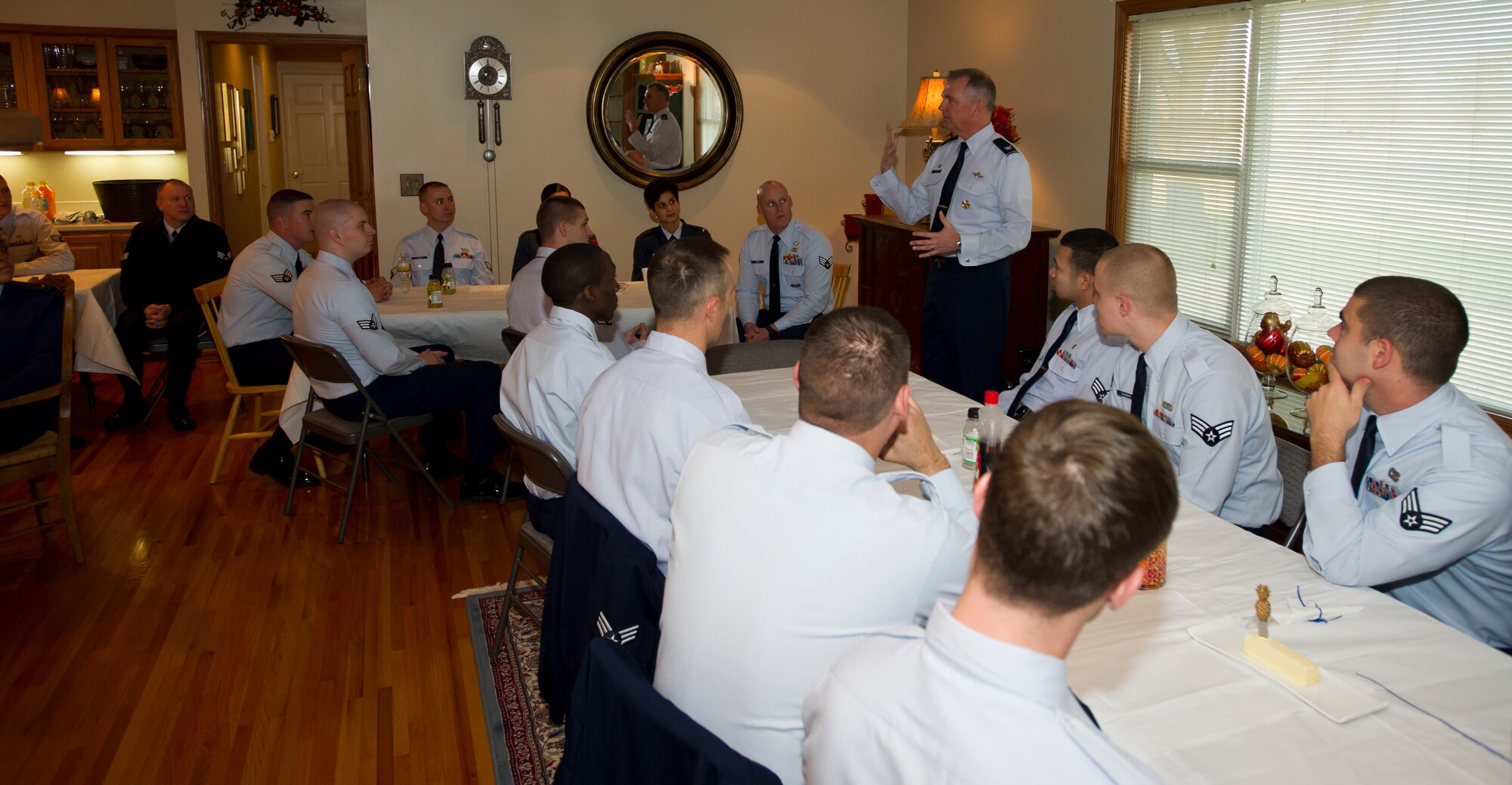 Col. Ricky Rupp, 22nd Air Refueling Wing commander speaks to Airman Leadership School students after breakfast at the commander’s house Nov. 19, 2012, at McConnell Air Force Base, Kan. The breakfast helped develop the ALS class by face to face interaction with the wing commander. (U.S. Air Force photo/Senior Airman Armando A. Schwier-Morales) 