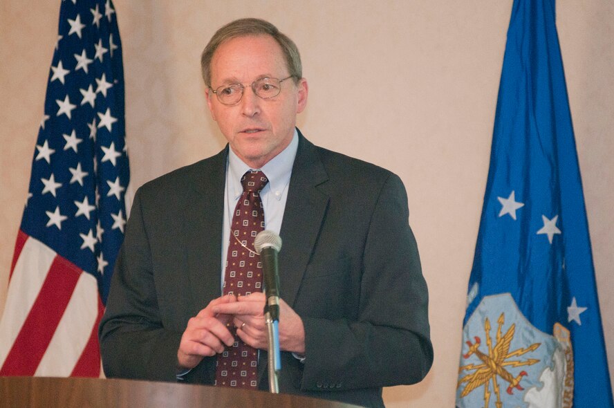 BEDFORD, Mass. - Bruce Johnson, Command and Control Center chief engineer for technology, speaks to attendees at the Military Affairs Council breakfast meeting Nov. 15 at the Doubletree Bedford Glen Hotel. During his presentation, Johnson highlighted a study the Air Force is working on to address the challenges of warfighting in contested environments.  (U.S. Air Force photo by Mark Wyatt)