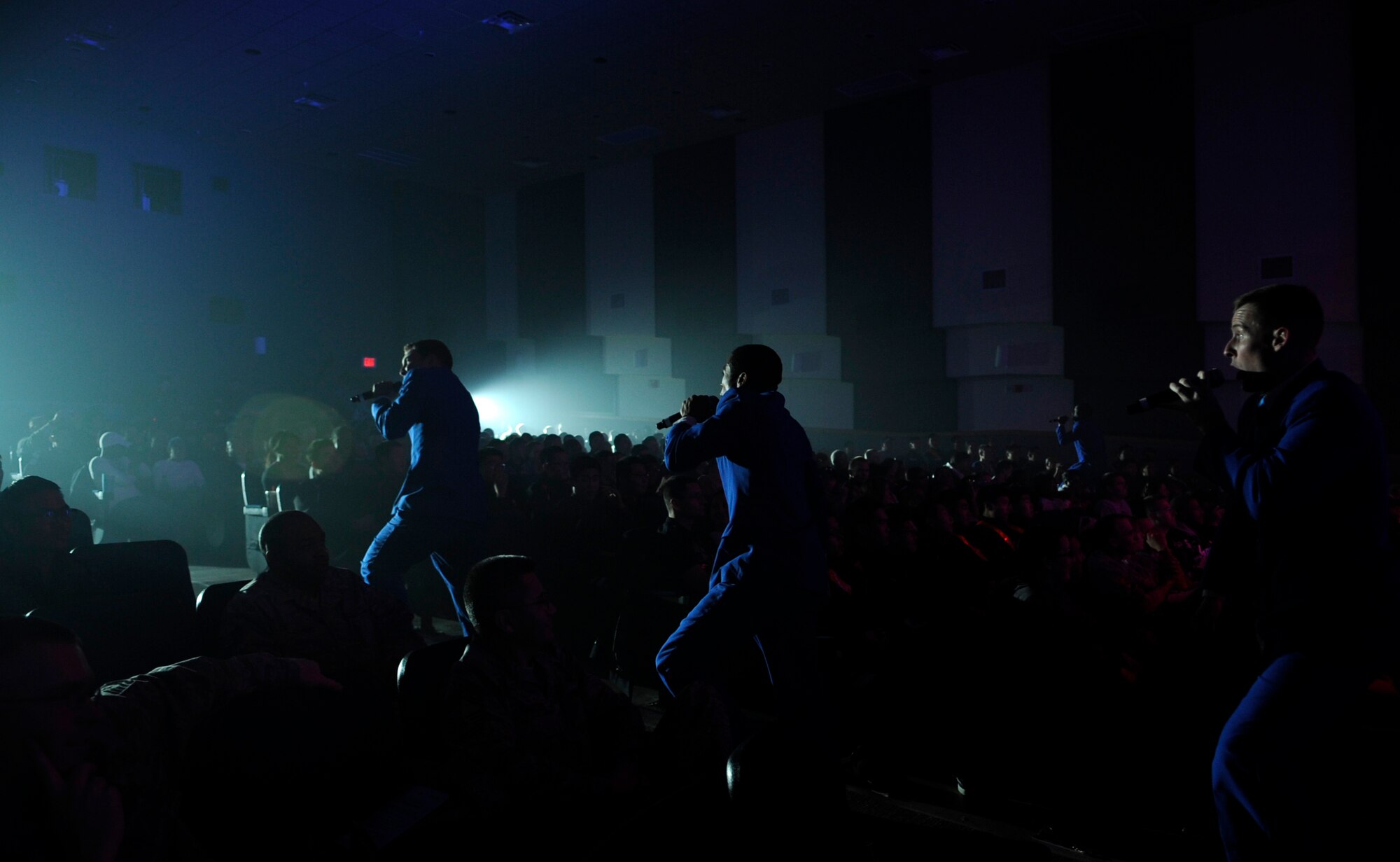 Members from Tops in Blue dance for the Wolf Pack during their Nov. 20, 2012 show, at Kunsan Air Base, Republic of Korea. As an expeditionary entertainment unit, they travel to military bases around the world to perform for military personnel and their families. (U.S. Air Force photo/Senior Airman Brigitte N. Brantley)