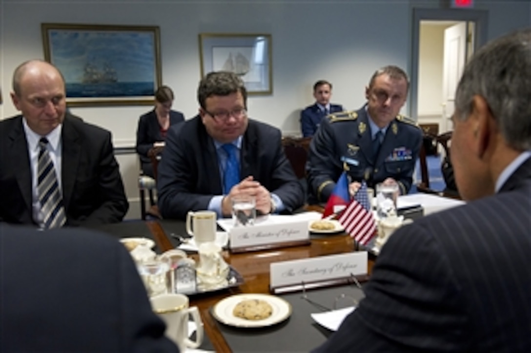 Czech Republic Minister of Defense Alexandr Vondra, center, and his senior advisors meet with Secretary of Defense Leon E. Panetta in the Pentagon on Nov. 20, 2012. Vondra and Panetta are meeting to discuss national security items of interest to both nations.  