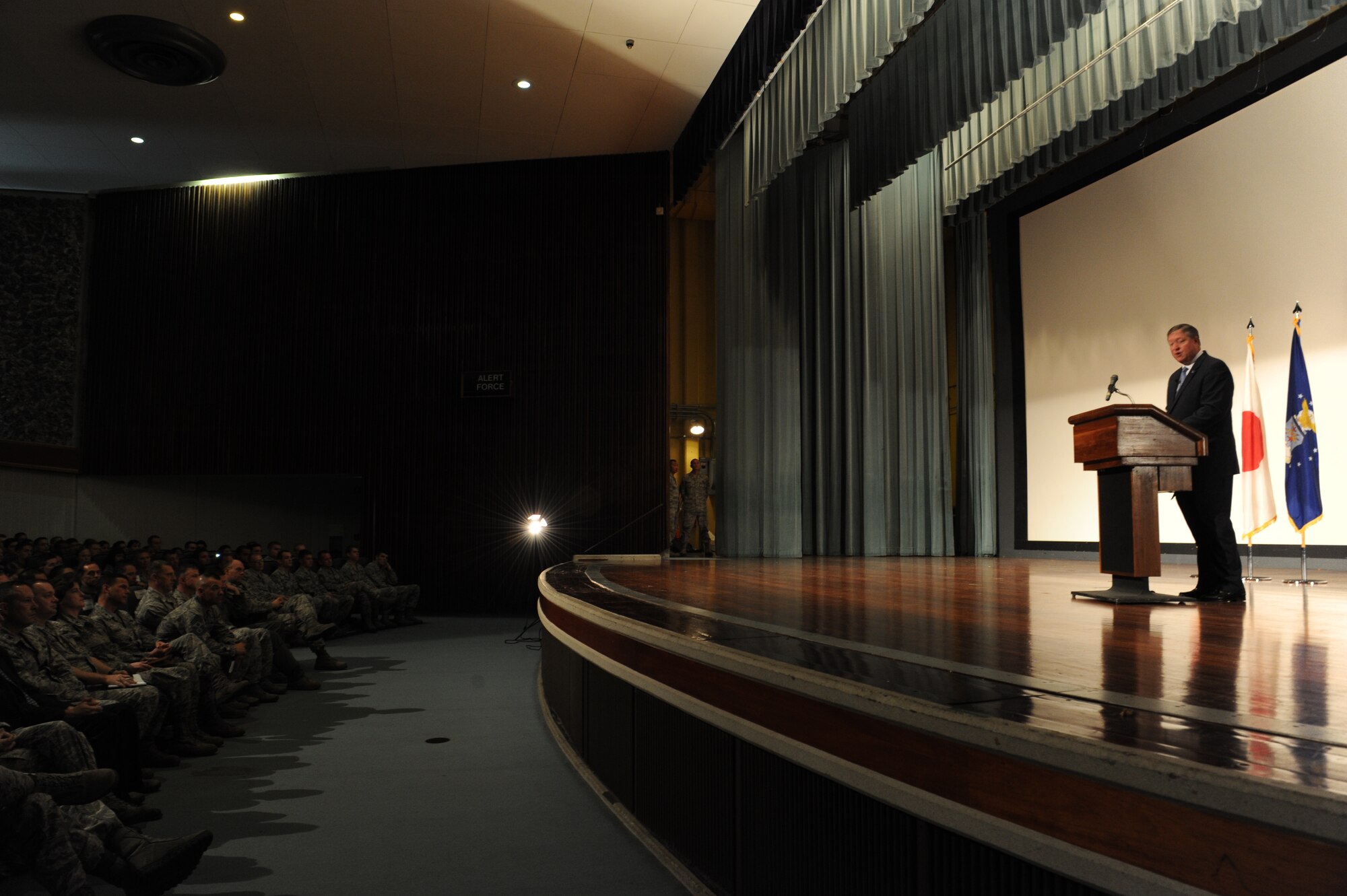 Secretary of the Air Force Michael Donley talks to Kadena Airmen at the Keystone Theater on Kadena Air Base, Japan, Nov. 21, 2012. Donley discussed budget concerns and other current events impacting the Air Force such as recent sexual misconduct at Basic Military Training. He also stressed the importance of preserving bilateral relations with allies in the Pacific region. (U.S. Air Force photo/Airman 1st Class Malia Jenkins)

