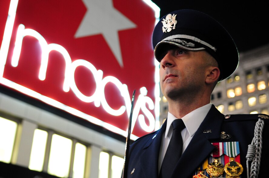 U.S. Air Force Honor Guard Commander Lt. Col. Kenneth Marentette prepares to lead fellow honor guardsmen during a rehearsal prior to the 86th Annual Macy?s Thanksgiving Day Parade at Herald Square, Nov. 22, 2012, in New York City. The USAF Honor Guard and Band made history when they set foot in New York City for the largest deployment of 11th Operations Group assets outside of the National Capital Region in support of the parade for the very first time. (U.S. Air Force photo by Senior Airman Steele C. G. Britton)