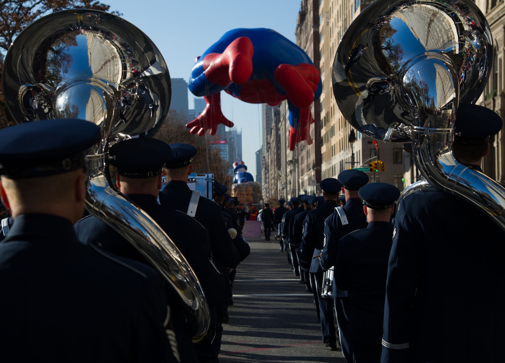 The U.S Air Force Band performs during the 86th Annual Macy's Thanksgiving Day Parade, Nov. 22, 2012, in New York City. Two hundred Airmen from the U.S. Air Force Band and Honor Guard marched in the parade with a televised audience of 55 million viewers and a live audience of more than three million spectators. (U.S. Air Force photo by Senior Airman Perry Aston)