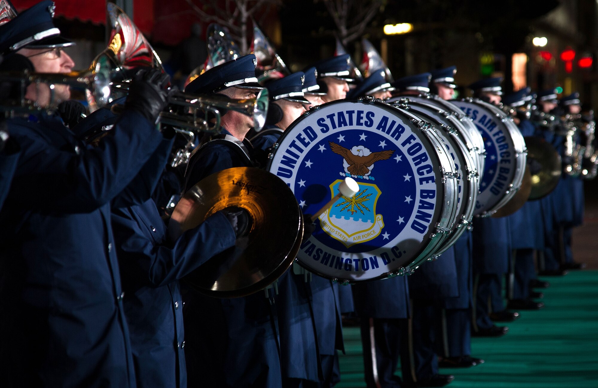 The U.S. Air Force Band practices at Herald Square, Nov. 22, 2012, in New York City. The 200 Airmen from the USAF Band and Honor Guard showcased Air Force power and precision to a televised audience of 55 million viewers during the 86th Annual Macy's Thanksgiving Day Parade. (U.S. Air Force photo by Senior Airman Perry Aston)