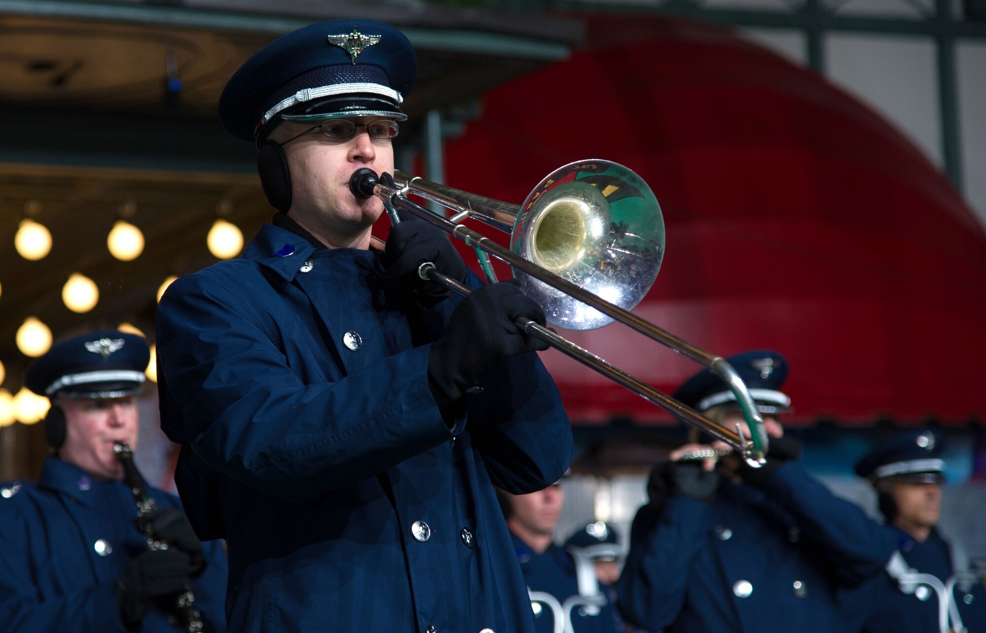 The U.S. Air Force Band rehearses prior to the 86th Annual Macy's Thanksgiving Day Parade at Herald Square, Nov. 22, 2012, in New York City. The 200 Airmen from the USAF Band and Honor Guard showcased Air Force power and precision to a televised audience of 55 million viewers during the parade. (U.S. Air Force photo by Senior Airman Perry Aston)