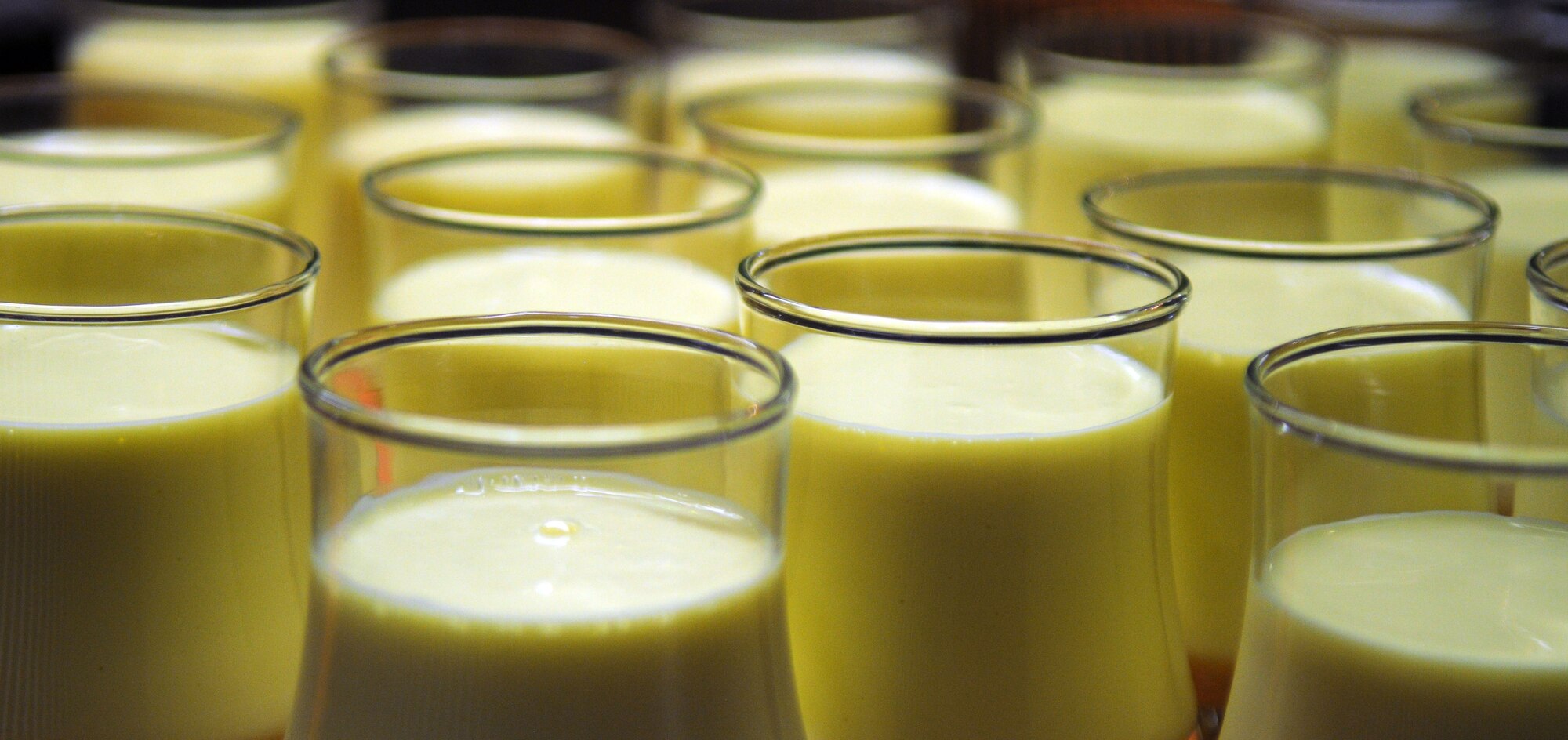 Glasses of eggnog await thirsty Thanksgiving meal patrons at the Gateway Dining Facility, RAF Mildenhall, England, Nov. 22, 2012. The special meal was prepared in celebration of the American holiday and fed more than 350 members of Team Mildenhall. (U.S. Air Force photo by Staff Sgt. Austin M. May/Released)