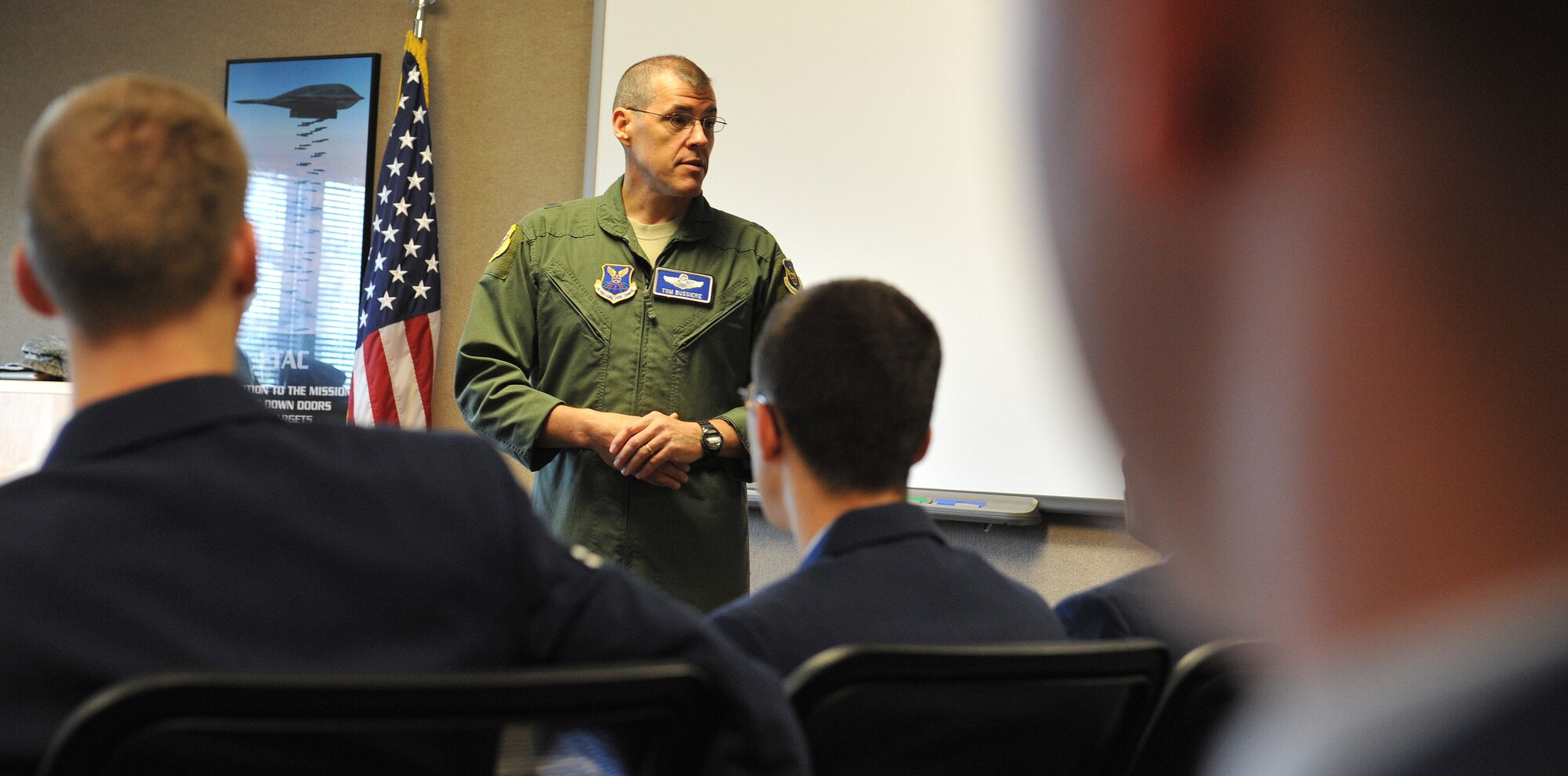 Brig. Gen. Thomas Bussiere, 509th Bomb Wing commander, speaks to First Term Airmen Center students Oct. 29 at Whiteman Air Force Base, Mo. To help ease the transition of technical school to the operational Air Force, new Airmen are required to attend the First Term Airmen Center within their first 30 days of arrival to Whiteman. (U.S. Air Force photo/Heidi Hunt) (Released)