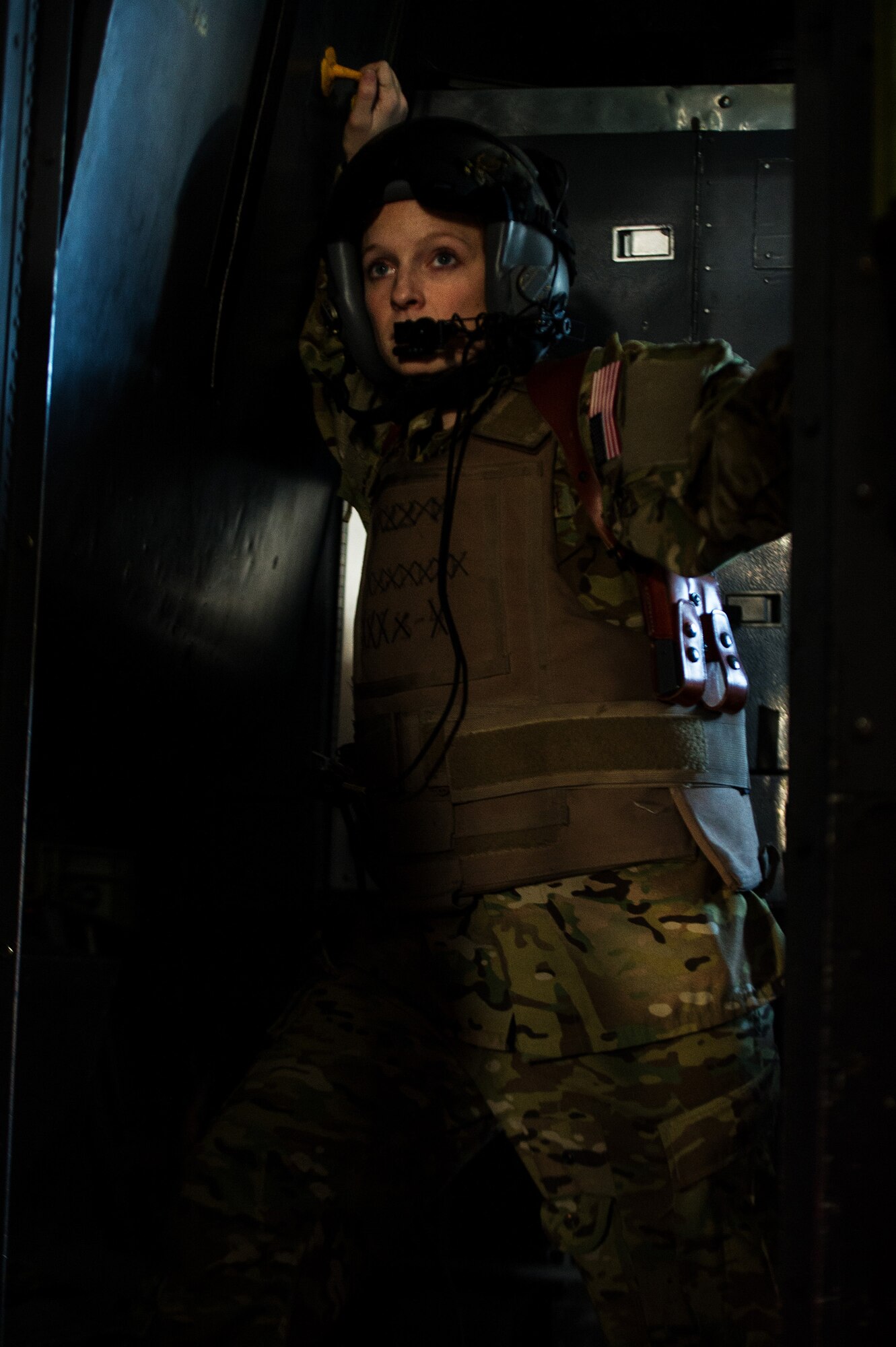 U.S. Air Force 1st Lt. Tiffany Albanez, 774th Expeditionary Airlift Squadron, navigator, checks the cargo on a U.S. Air Force C-130H Hercules Nov. 3, 2012, at Bagram Airfield, Afghanistan. The 774th EAS provides tactical airlift, airdrop and aeromedical evacuation, creating an air bridge for personnel, equipment and supplies. Albanez's hometown is Bellevue, Neb. (U.S. Air Force photo/Staff Sgt. Jonathan Snyder)