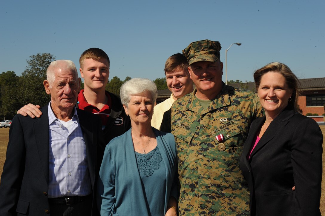 1st Sgt. James Watson, Detachment 2, Supply Company, 4th Supply Battalion, retires in front of fellow Marines, friends and families, Nov. 10.