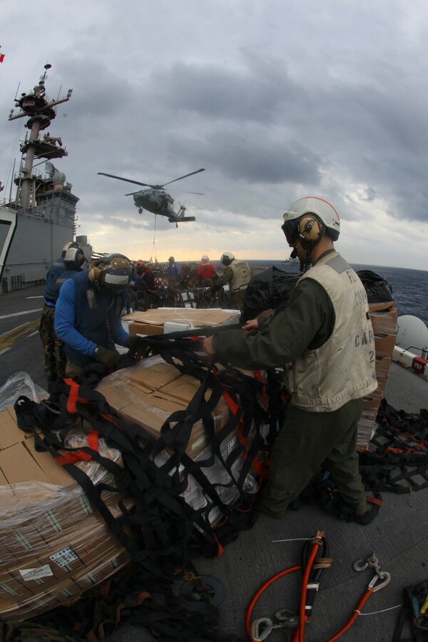 Marines and Sailors unpack food and supplies that were delivered by an MH-60S Knight Hawk helicopter to USS Iwo Jima during a replenishment at sea detail, or RAS, Nov. 24, 2012. During the RAS the USS Iwo Jima took on fuel, fresh fruits, vegetables, and supplies from the USNS John Lenthall to sustain the ship and crew while underway. The 24th Marine Expeditionary Unit is deployed with the Iwo Jima Amphibious Ready Group in the 6th Fleet area of responsibility serving as an expeditionary crisis response force capable of a variety of missions, from full-scale combat to evacuations and humanitarian assistance. Since deploying in March, they have supported a variety of missions in the U.S. Central, Africa and European Commands, assisted the Navy in safeguarding sea lanes, and conducted various bilateral and unilateral training events in several countries in the Middle East and Africa. (U.S. Marine Corps photo by Lance Cpl. Tucker S. Wolf/Released) 