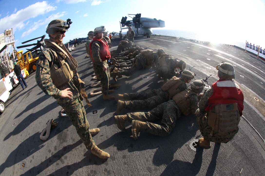 USS IWO JIMA, Mediterranean Sea (Nov. 25, 2012) - Marines with Bravo Company, Battalion Landing Team 1st Battalion, 2nd Marine Regiment, 24th Marine Expeditionary Unit, fire at targets during a live-fire training exercise to confirm their windage and elevation settings, also known as battle site zero, aboard the USS Iwo Jima, Nov. 25, 2012. The 24th Marine Expeditionary Unit is deployed with the Iwo Jima Amphibious Ready Group in the 6th Fleet area of responsibility serving as an expeditionary crisis response force capable of a variety of missions, from full-scale combat to evacuations and humanitarian assistance. Since deploying in March, they have supported a variety of missions in the U.S. Central, Africa and European Commands, assisted the Navy in safeguarding sea lanes, and conducted various bilateral and unilateral training events in several countries in the Middle East and Africa. (U.S. Marine Corps photo by Lance Cpl. Tucker S. Wolf/Released)