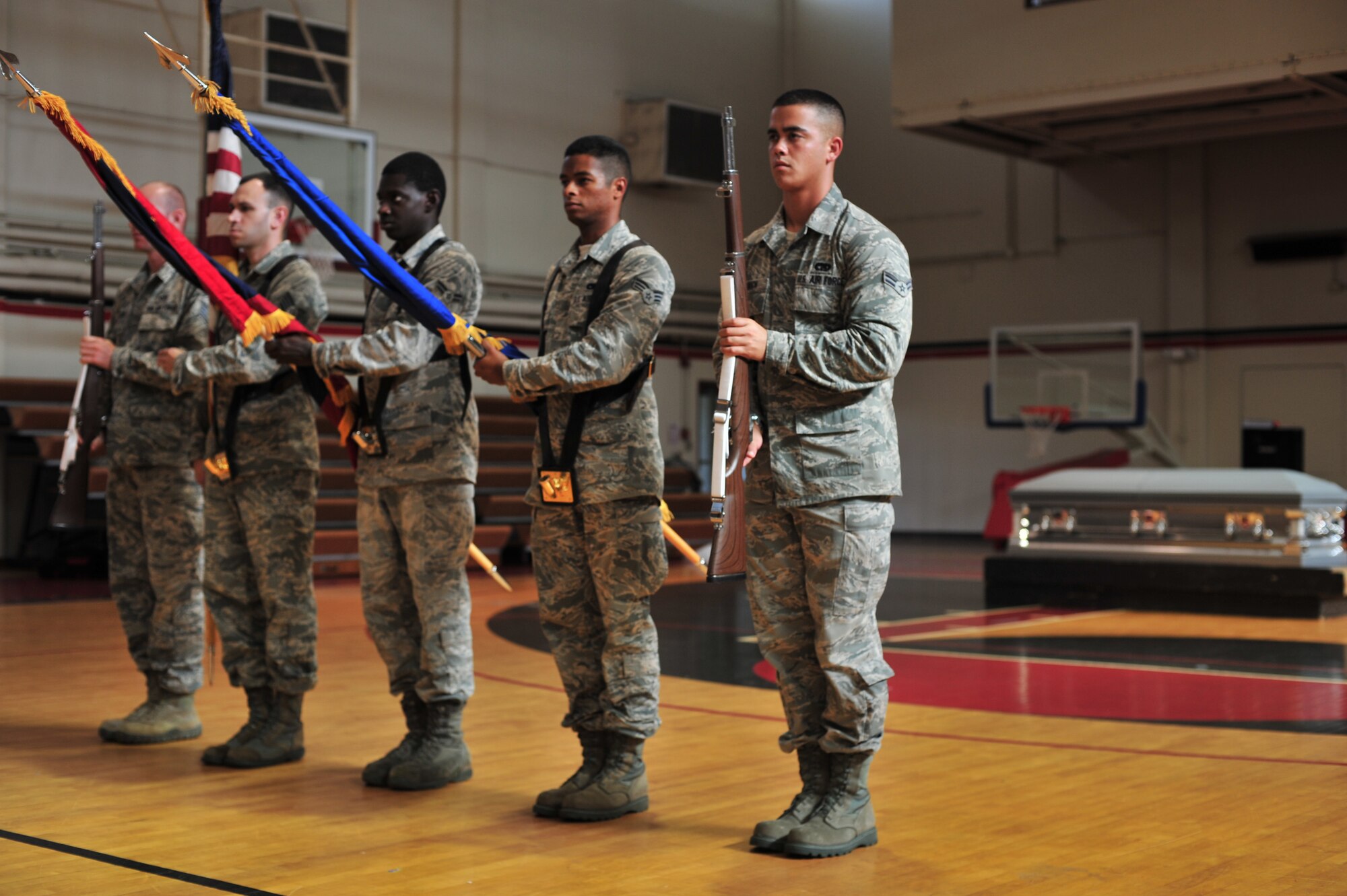 ANDERSEN AIR FORCE BASE, Guam-- Andersen Blue Knights Honor Guard members practice presenting the colors during their weekly training Nov. 14. The honor guard mission is to maintain and employ a ceremonial capability to represent the Air Force at public and official ceremonies.  (U.S. Air Force photo by Staff Sgt. Alexandre Montes/Released)

