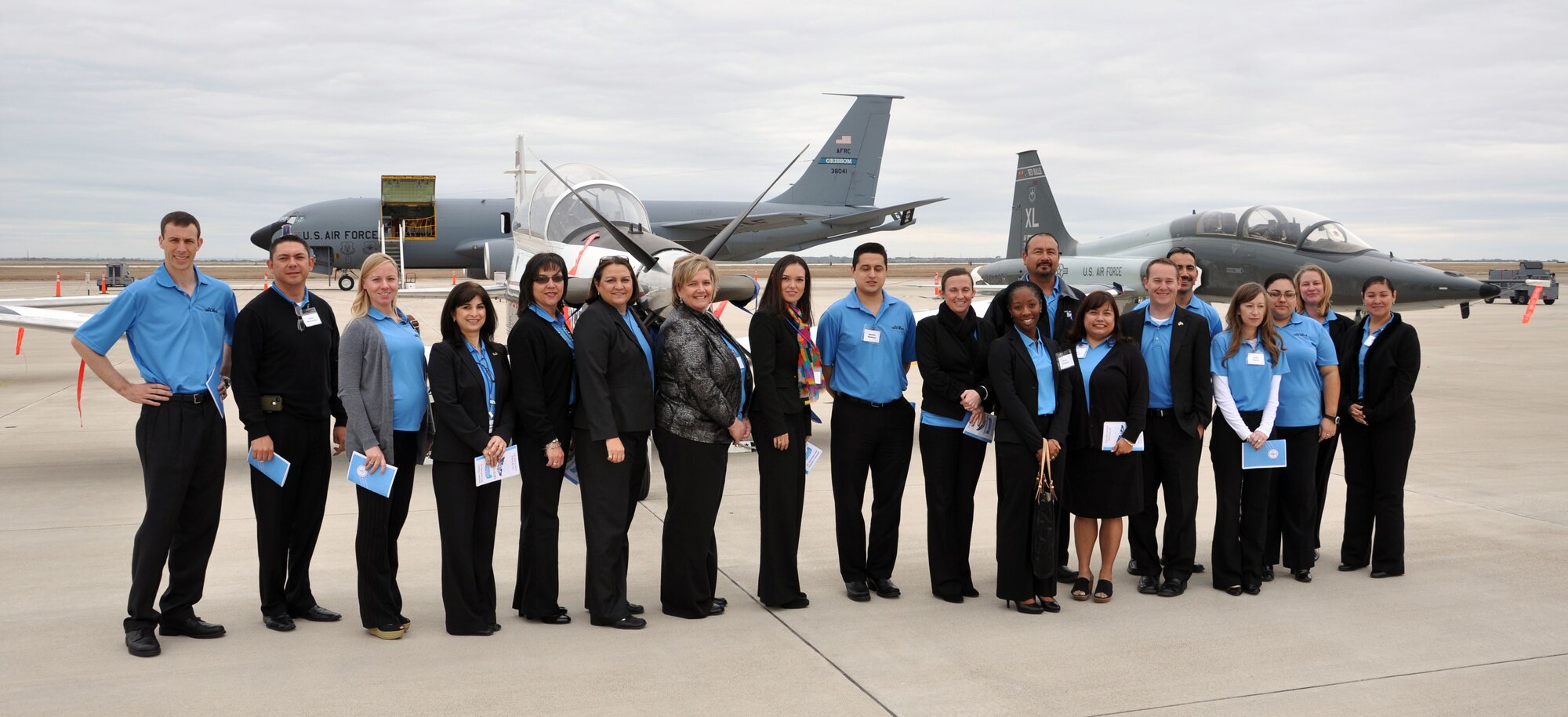 Leadership Del Rio participants pose for a group photo in front of several aircraft during their tour of Laughlin Air Force Base, Texas, Nov. 16, 2012. Leadership Del Rio is a program comprised of Team XL members and business and civic leaders from the city of Del Rio, Texas, that aims to develop stronger leaders for the community. (US Air Force photo/2nd Lt. Evan Ross)