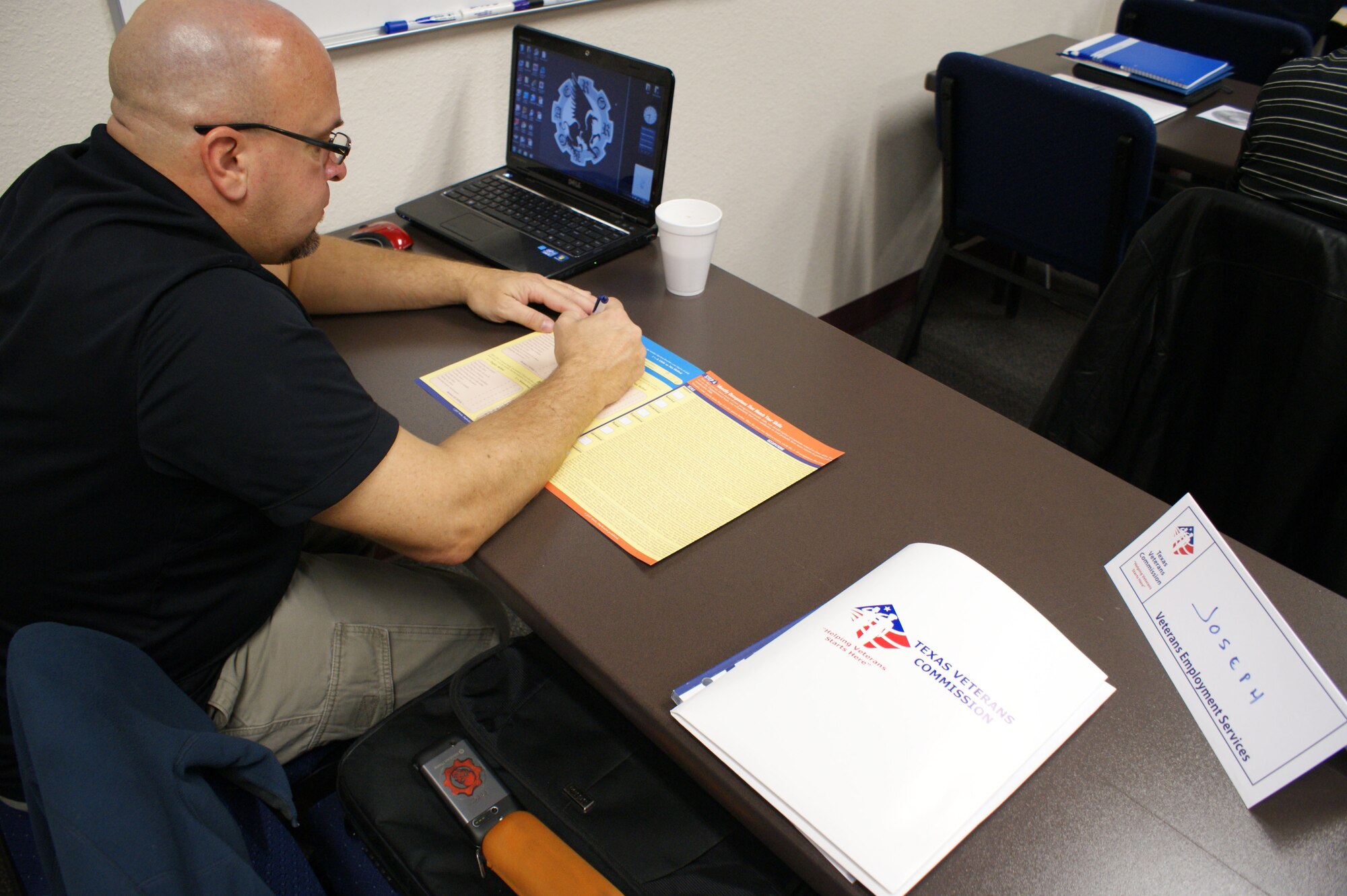 A student works through an employment questionnaire during the first day of the revamped TAP course at Sheppard Air Force Base, Texas, Nov. 26, 2012.  The new TAP seminar will eventually be a three-phase program that will include a capstone event to ensure transitioning veterans are prepared to enter the civilian workforce.  (U.S. Air Force photo/Dan Hawkins)