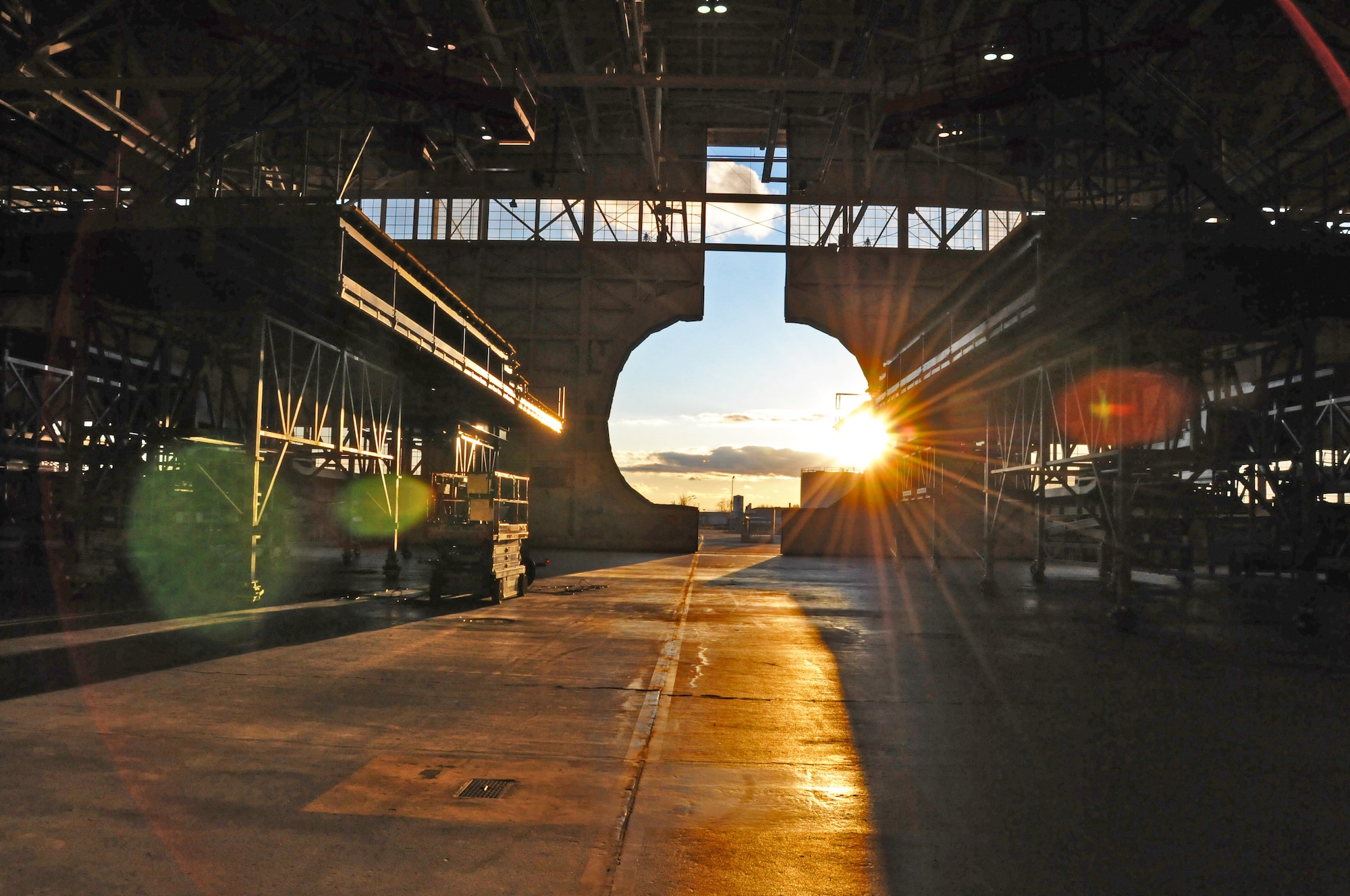 A sunset backdrops the isochronal inspection dock as a day winds down at Westover. (U.S. Air Force photo by MSgt. Andrew Biscoe)