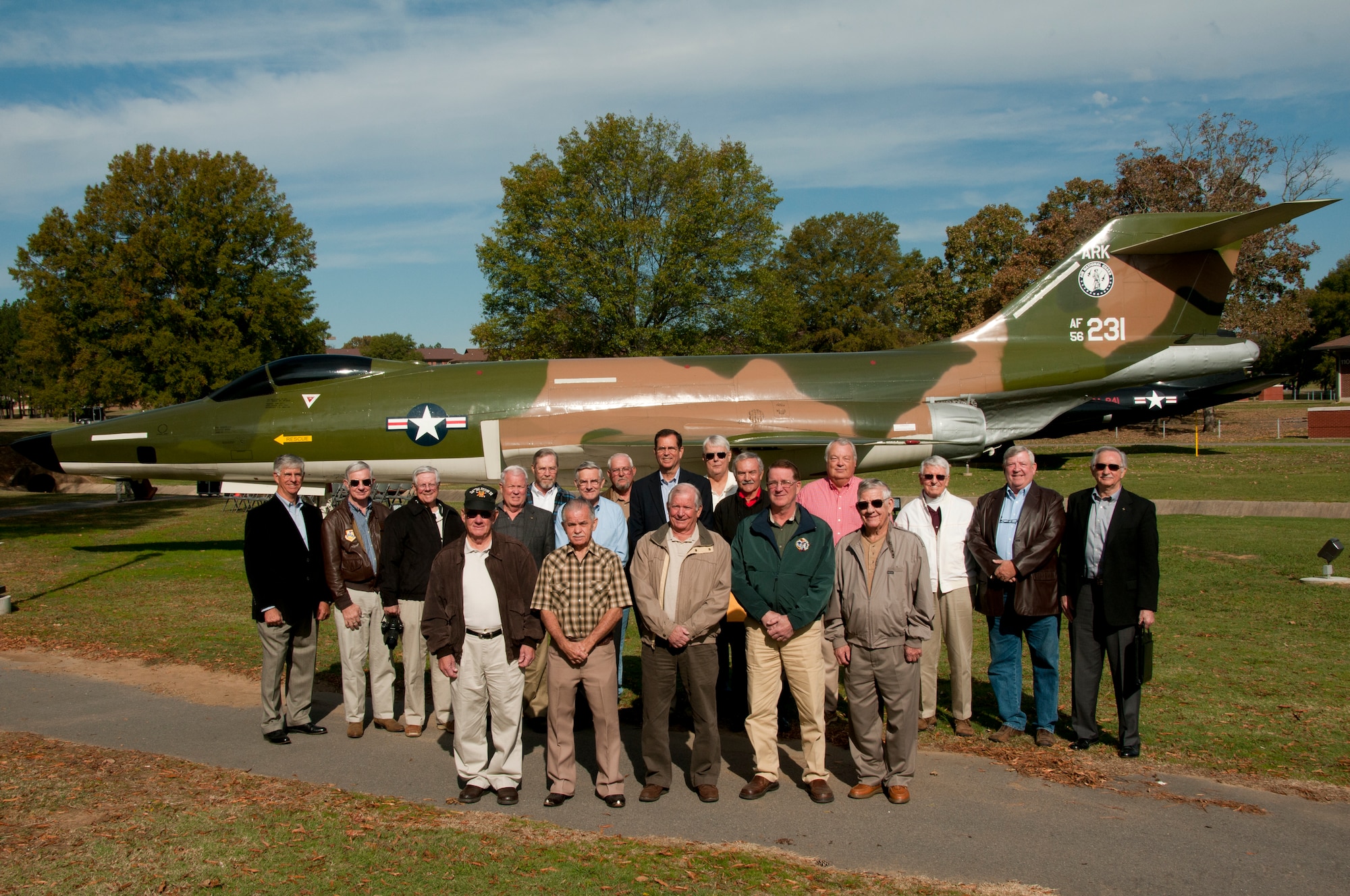 Retired maintainers and pilots that flew and worked on the RF-101 stand in
front of the recently moved static display at the Little Rock Air Force Base
Heritage Air Park on Oct. 31, 2012. Over 20 of the aircrew attended the
ceremony and luncheon held at the air park and 189th Airlift Wing Operations
Group
