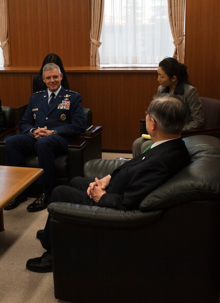 YOKOTA AIR BASE, Japan -- Lt. Gen. Sam Angelella, U.S. Forces, Japan, and 5th Air Force commander, attends an office call with Japanese Defense Minister Satoshi Morimoto at Yokota Air Base, Japan, Nov. 27, 2012. Morimoto discussed the curfew currently placed on U.S. service members in Japan. (U.S. Air Force photo by Airman 1st Class Krystal M. Garrett) 