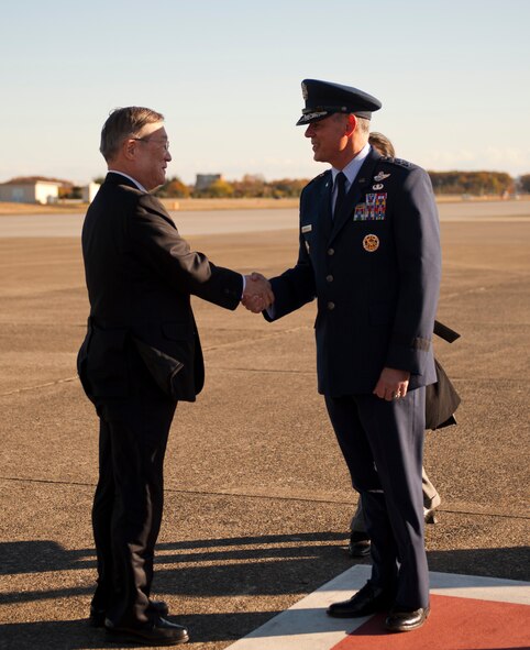 YOKOTA AIR BASE, Japan -- Lt. Gen. Sam Angelella, right, U.S. Forces,  Japan, and 5th Air Force commander, greets Japanese Defense Minister Satoshi Morimoto at Yokota Air Base, Japan, Nov. 27, 2012. (U.S. Air Force photo/ Airman 1st Class Krystal M. Garrett) 