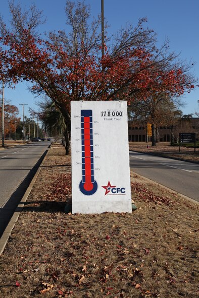 A Combined Federal Campaign goal sign near the Carolina Skies Club and Conference Center shows Team Shaw exceeded the financial goal for the installation.  U.S. Air Force Maj. Candace Burr, 20th Aerospace Medical Squadron and CFC project officer thanked Team Shaw for being an incredible team and doing an oustanding job making 100 percent contact with Team Shaw affording everyone the opportunity to learn about CFC. (U.S. Air Force photo by Capt. Ann Blodzinski/Released)