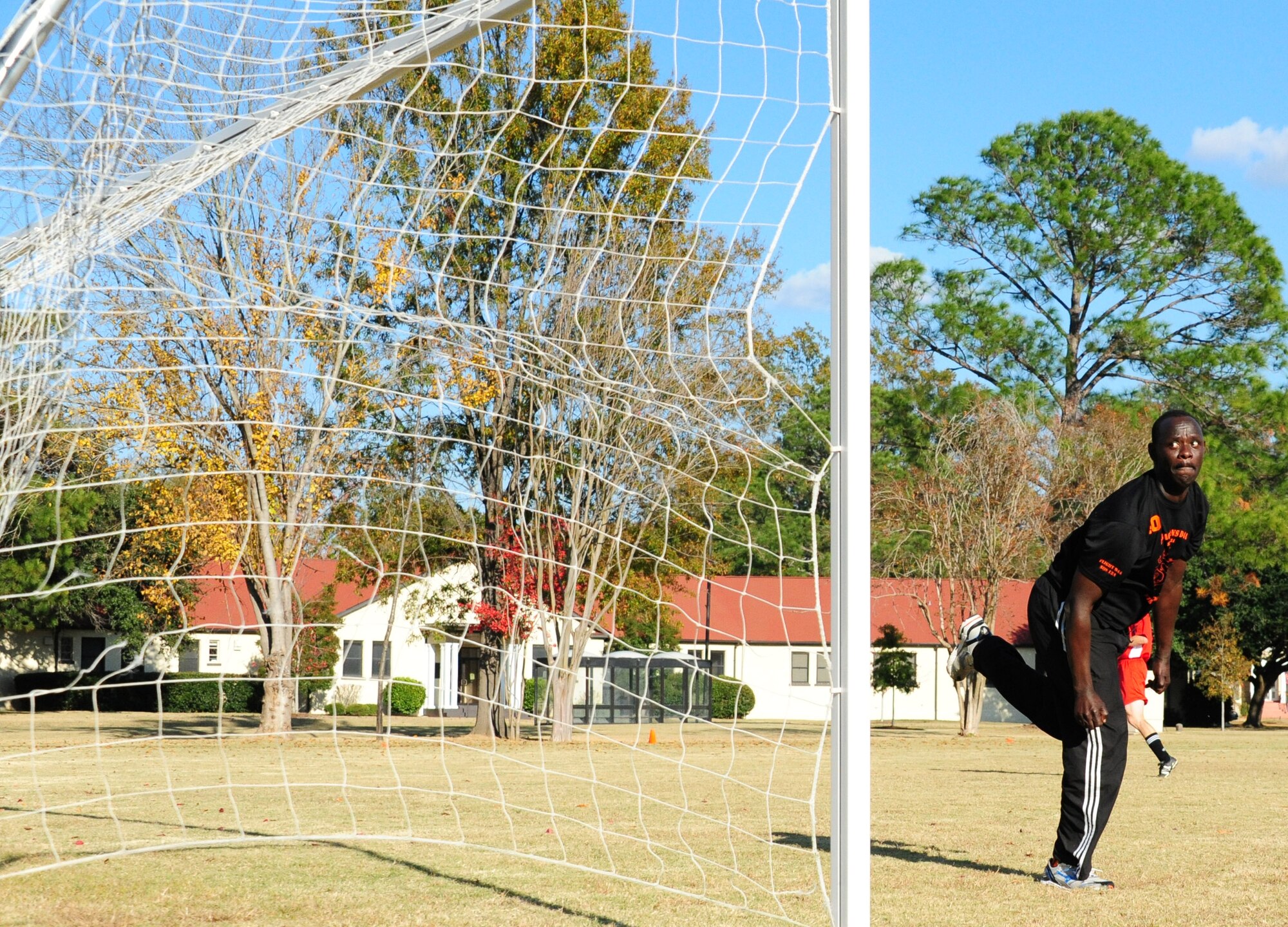 International Officer School student Jean Kaylnamura fails to defend a shot during a friendly match of soccer against the Squadron Officer School instructors on Nov. 16. In the end, IOS proved too much for SOS as they won with a score of 6-2. (U.S. Air Force photo by Senior Airman Christopher Stoltz)