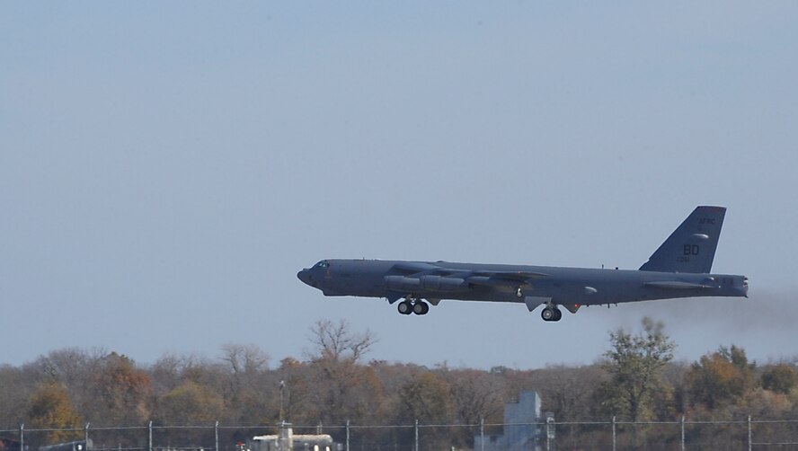 A B-52H Stratofortress takes off on Barksdale Air Force Base, La., Nov. 27. With a well-rounded bomber force, the 2nd Bomb Wing and B-52s lead the way when it comes to global engagement.  The long range and versatility of the B-52 make it the weapon of choice for providing deterrence, demonstrating U.S. resolve and combat operations around the world. (U.S. Air Force photo/Senior Airman Kristin High)(RELEASED)