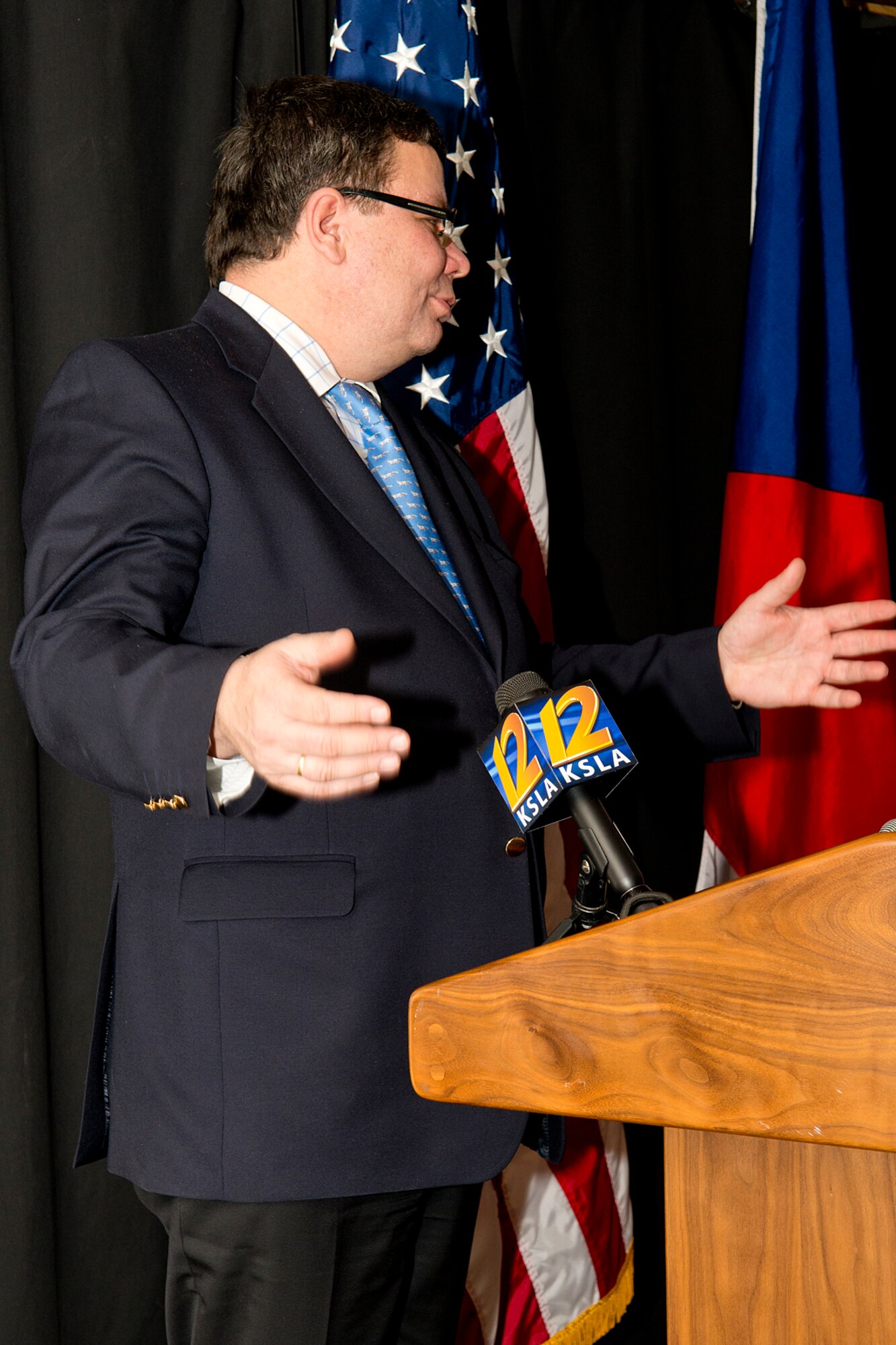 Dr. Alexandr Vondra, Minister of Defense of the Czech Republic, speaks to the attendees during the opening ceremonies of the NATO Days in Ostrava photo display in the Barksdale Global Power Museum, Nov. 21, 2012, Barksdale Air Force Base, La. Viewing of the display is free to the public and is open until Friday, Nov. 30, 2012. (U.S. Air Force photo by Master Sgt. Greg Steele/Released)
