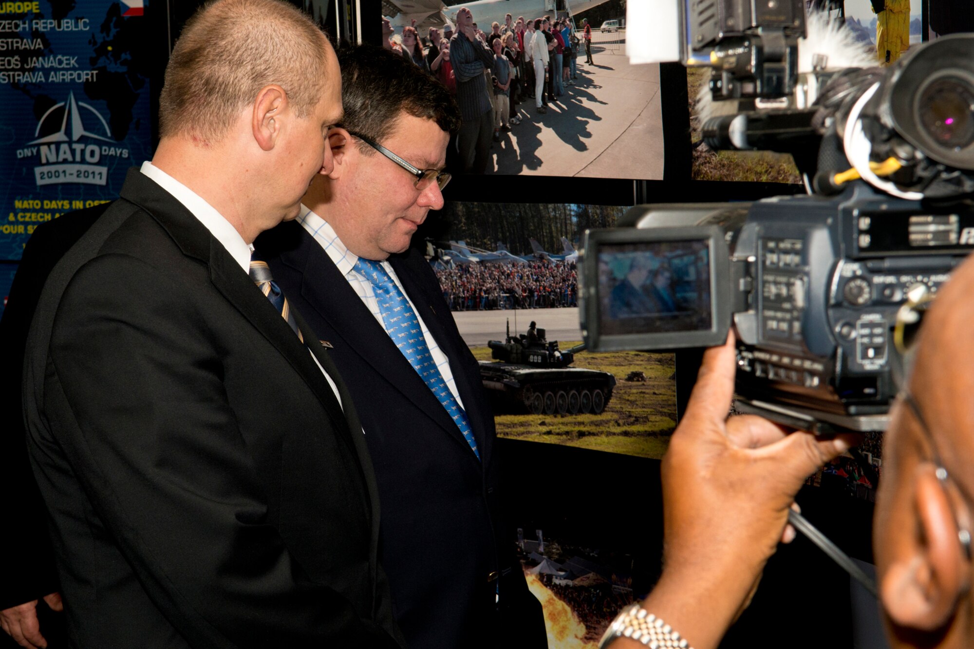 The Czech Ambassador to the U.S., Excellency Petr Gandalovic, and the Minister of Defense of the Czech Republic, Dr. Alexandr Vondra, tour the NATO Days in Ostrava photo display in the Barksdale Global Power Museum, Nov. 21, 2012, Barksdale Air Force Base, La. The display will be available for viewing until Friday, Nov. 30, 2012, and is free to the public. (U.S. Air Force photo by Master Sgt. Greg Steele/Released)

