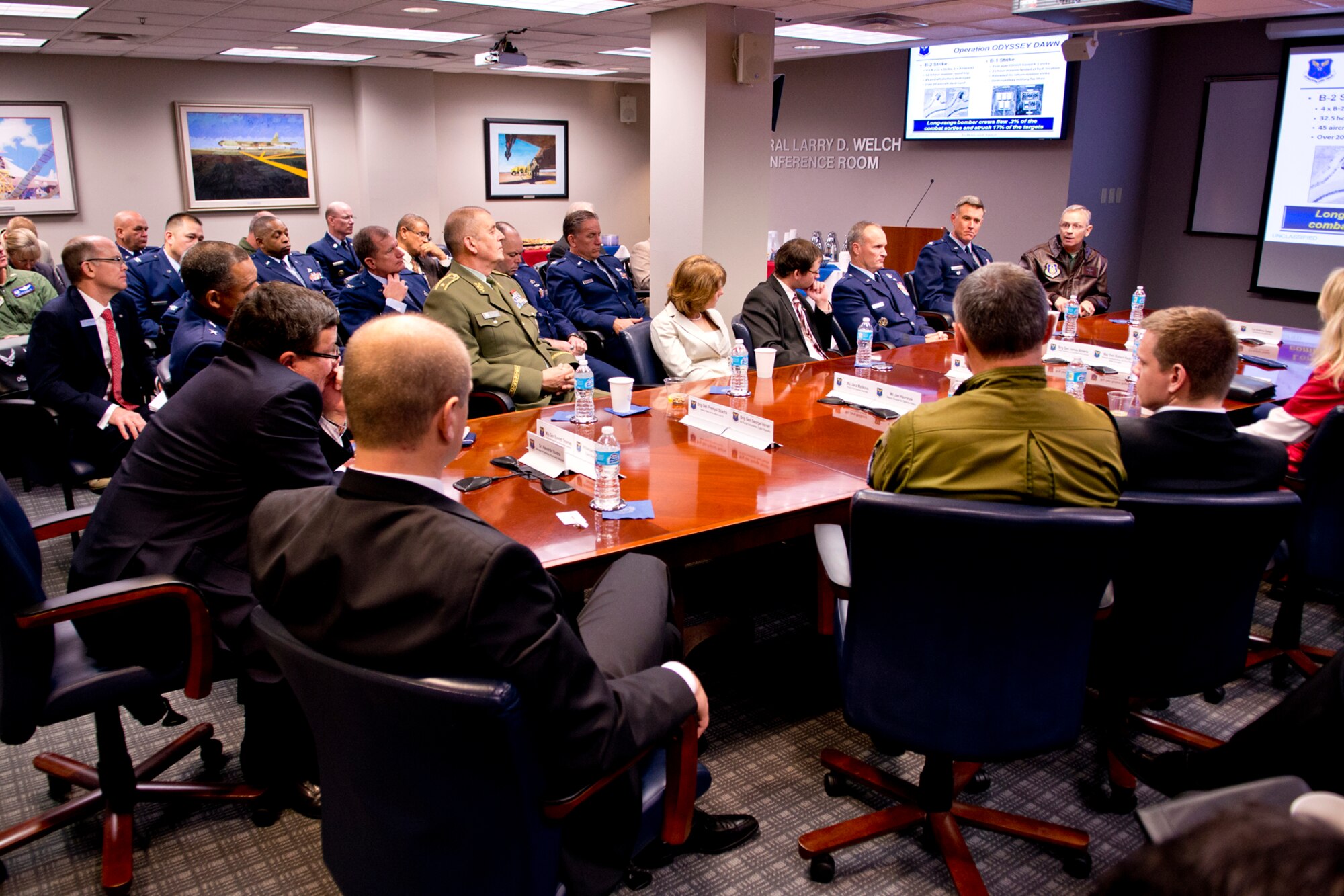 Dr. Alexandr Vondra, seated left, attends an Air Force Global Strike Command mission briefing during his visit to Barksdale Air Force Base, La., Nov. 21, 2012. Vondra is the Minister of Defense of the Czech Republic and was accompanied by Excellency Petr Gandalovic, Czech Ambassador to the U.S., and Brig. Gen. Jiri Verner, Czech Republic Air Force commander. U.S. Air Force photo by Master Sgt. Greg Steele/Released)