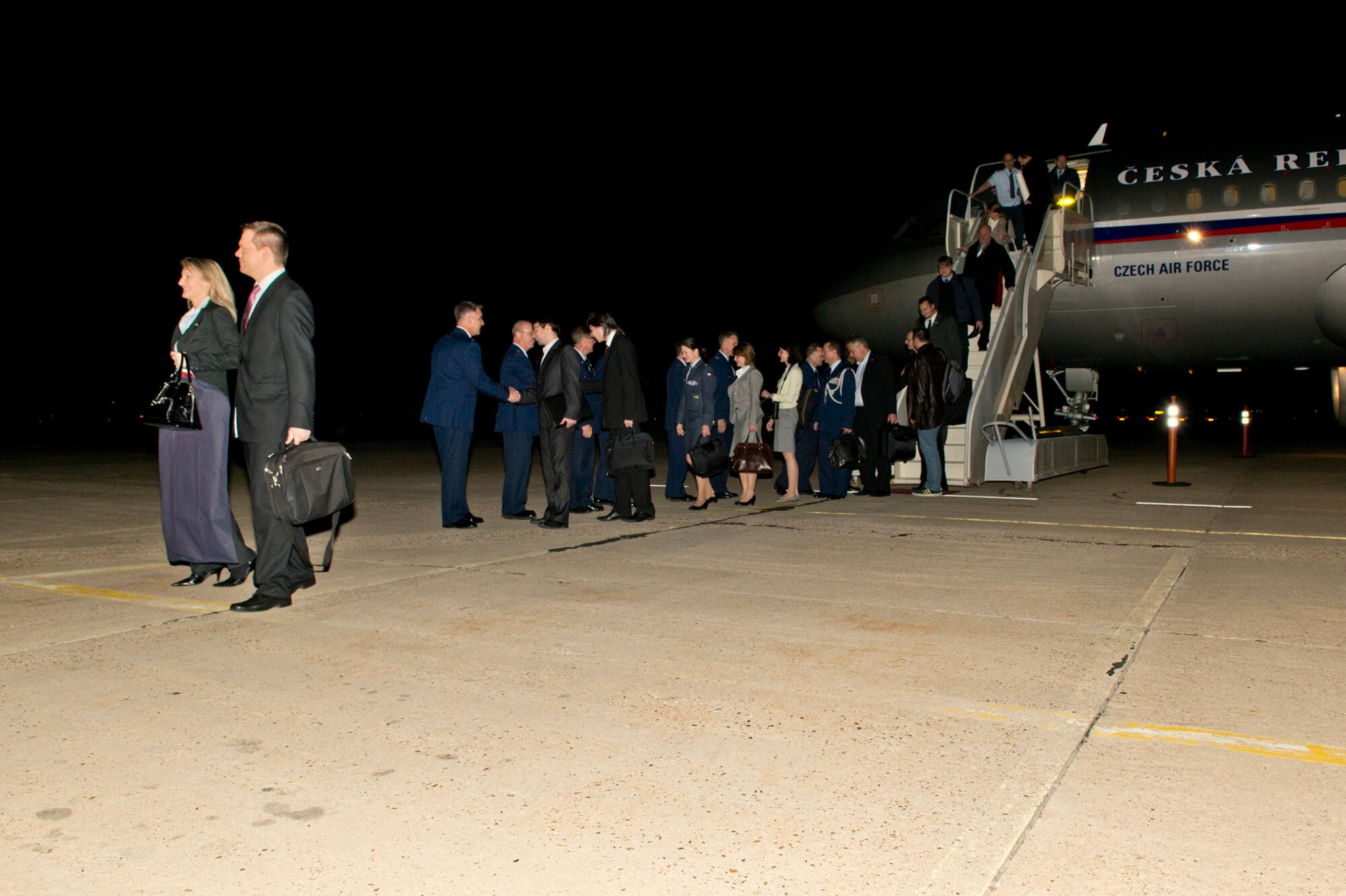 Government officials and civic leaders from the Czech Republic are greeted by members of the Air Force Global Strike Command and 307th Bomb Wing, Nov. 20, 2012, Shreveport Regional Airport, Shreveport, La. The group accompanied the Minister of Defense of the Czech Republic during his visit to the U.S. (U.S. Air Force photo by Master Sgt. Greg Steele/Released)
