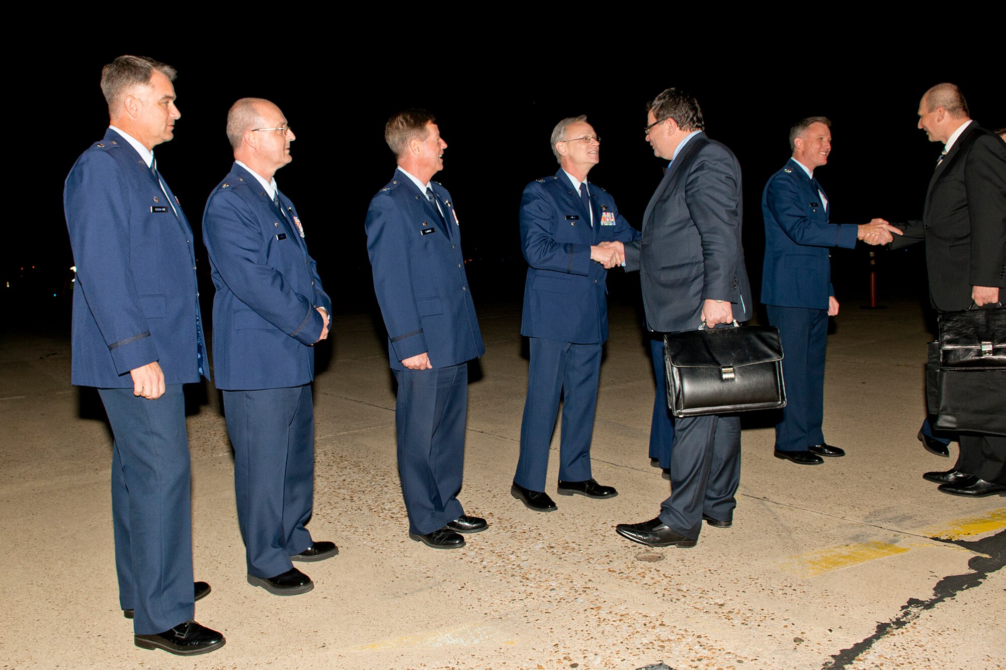 U.S. Air Force Col. Joseph Jones, 307th Bomb Wing vice commander, greets Dr. Alexandr Vondra, Minister of Defense of the Czech Republic, during his arrival on Nov. 20, 2012, Shreveport, La. Vondra visited the Shreveport area and received a tour of Barksdale Air Force Base. (U.S. Air Force photo by Master Sgt. Greg Steele/Released)