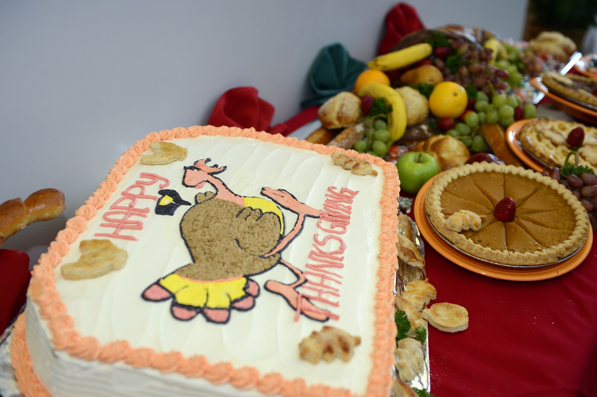 Thanksgiving themed cake, pies and other desserts are displayed at the CMSgt. Emerson E. Williams Dining Facility during Thanksgiving, Shaw Air Force Base, S.C., Nov. 23, 2012. Many other culinary displays decorated the dining facility in celebration of Thanksgiving Day. (U.S. Air Force photo by Airman 1st Class Daniel Blackwell/Released)