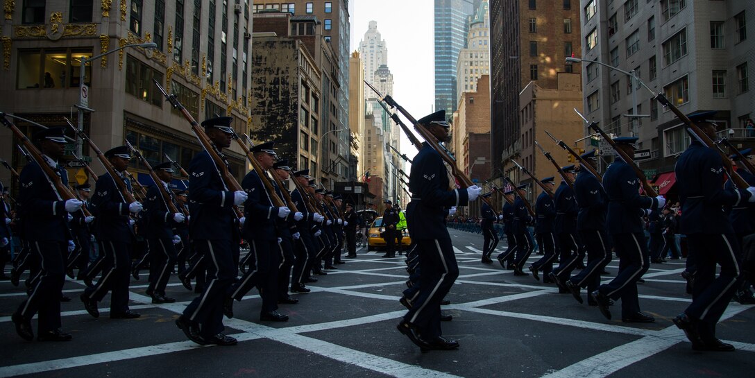 The U.S Air Force Honor Guard marches during the 86th Annual Macy's Thanksgiving Day Parade, Nov. 22, 2012, in New York City. Two hundred Airmen from the U.S. Air Force Band and Honor Guard marched in the parade with a televised audience of 55 million viewers and a live audience of more than three million spectators. (U.S. Air Force photo by Senior Airman Perry Aston)
