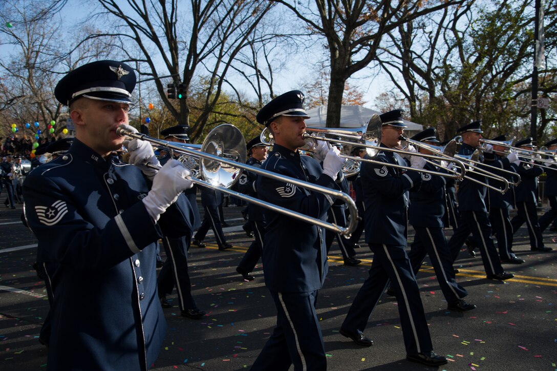 The U.S Air Force Band performs during the 86th Annual Macy's Thanksgiving Day Parade, Nov. 22, 2012, in New York City. Two hundred Airmen from the U.S. Air Force Band and Honor Guard marched in the parade with a televised audience of 55 million viewers and a live audience of more than three million spectators. (U.S. Air Force photo by Senior Airman Perry Aston)
