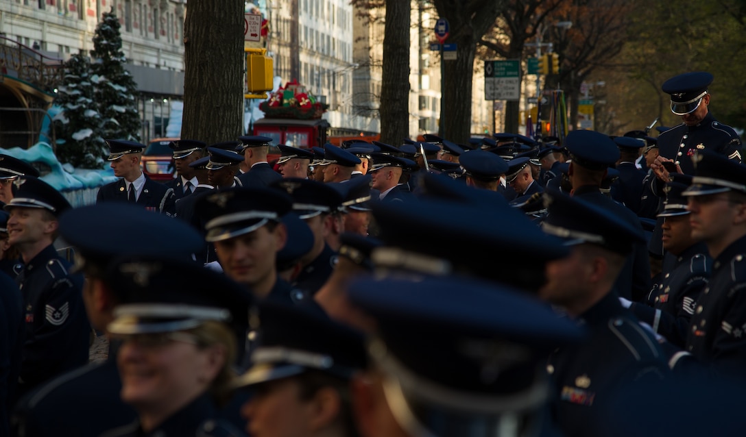 The U.S Air Force Band an Honor Guard prepare to perform during the 86th Annual Macy's Thanksgiving Day Parade, Nov. 22, 2012, in New York City. Two hundred Airmen from the U.S. Air Force Band and Honor Guard marched in the parade with a televised audience of 55 million viewers and a live audience of more than three million spectators. (U.S. Air Force photo by Senior Airman Perry Aston)
