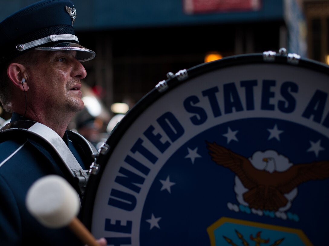 The U.S Air Force Band performs during the 86th Annual Macy's Thanksgiving Day Parade, Nov. 22, 2012, in New York City. Two hundred Airmen from the U.S. Air Force Band and Honor Guard marched in the parade with a televised audience of 55 million viewers and a live audience of more than three million spectators. (U.S. Air Force photo by Senior Airman Perry Aston)
