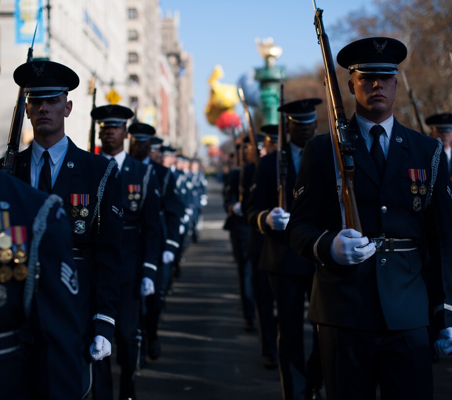 The U.S Air Force Honor Guard marches during the 86th Annual Macy's Thanksgiving Day Parade, Nov. 22, 2012, in New York City. Two hundred Airmen from the U.S. Air Force Band and Honor Guard marched in the parade with a televised audience of 55 million viewers and a live audience of more than three million spectators. (U.S. Air Force photo by Senior Airman Perry Aston)
