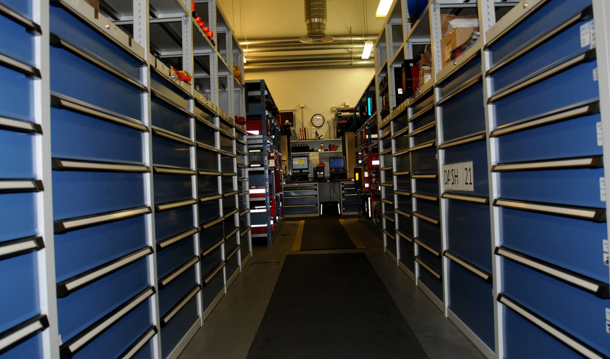 Tool boxes and storage containers line the 100th Aircraft Maintenance Squadron maintenance sortie support section Nov. 27, 2012, at RAF Mildenhall, England. The maintenance sortie support section maintains and manages inventory lists of all tools and test equipment in the 100th Maintenance Group. (U.S. Air Force photo by Gina Randall/Released) 