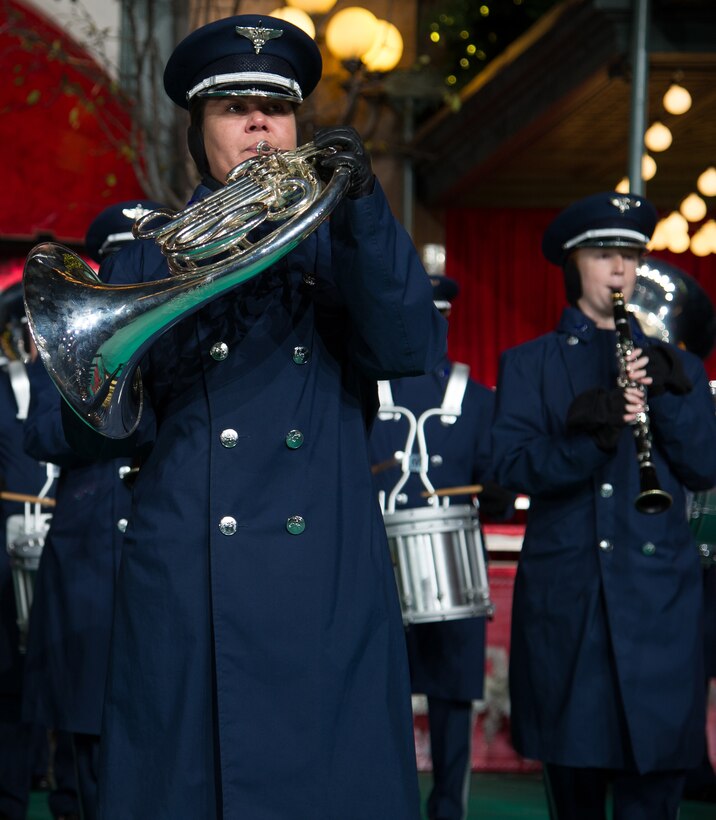 The U.S. Air Force Band rehearse prior to the 86th Annual Macy?s Thanksgiving Day Parade at Herald Square, Nov. 22, 2012, in New York City. The USAF Honor Guard and Band made history when they set foot in New York City for the largest deployment of 11th Operations Group assets outside of the National Capital Region in support of the parade for the very first time.(U.S. Air Force photo by Senior Airman Perry Aston)

